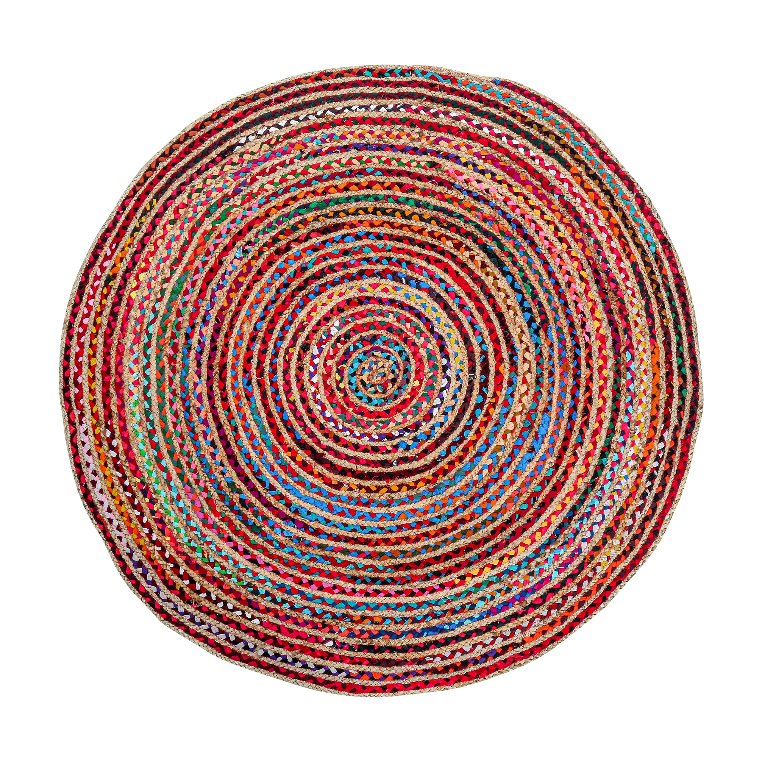 Photo 1 of RIANGI - 3' Round Handwoven Jute Chindi Area Rug - Colorful Boho Rugs for Living Room - Hand Braided Multicolor Bohemian Rug for Farmhouse, Bedroom, Dining Room, Classroom, Hallway, Kitchen, Office