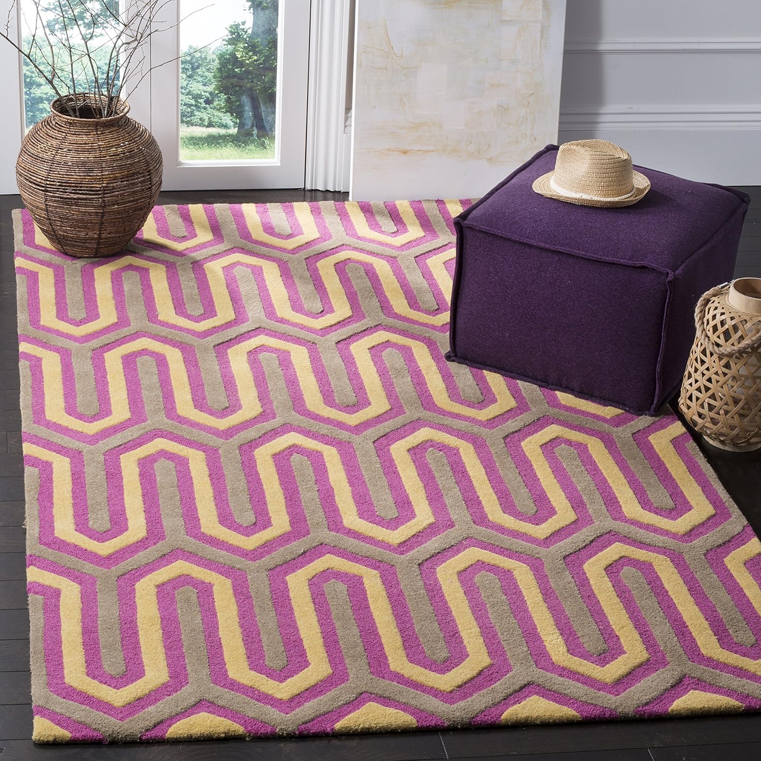 Safavieh Modern Indoor Hand Tufted Rectangle Area Rug, Cambridge Collection, CAM351, in Fuchsia / Grey