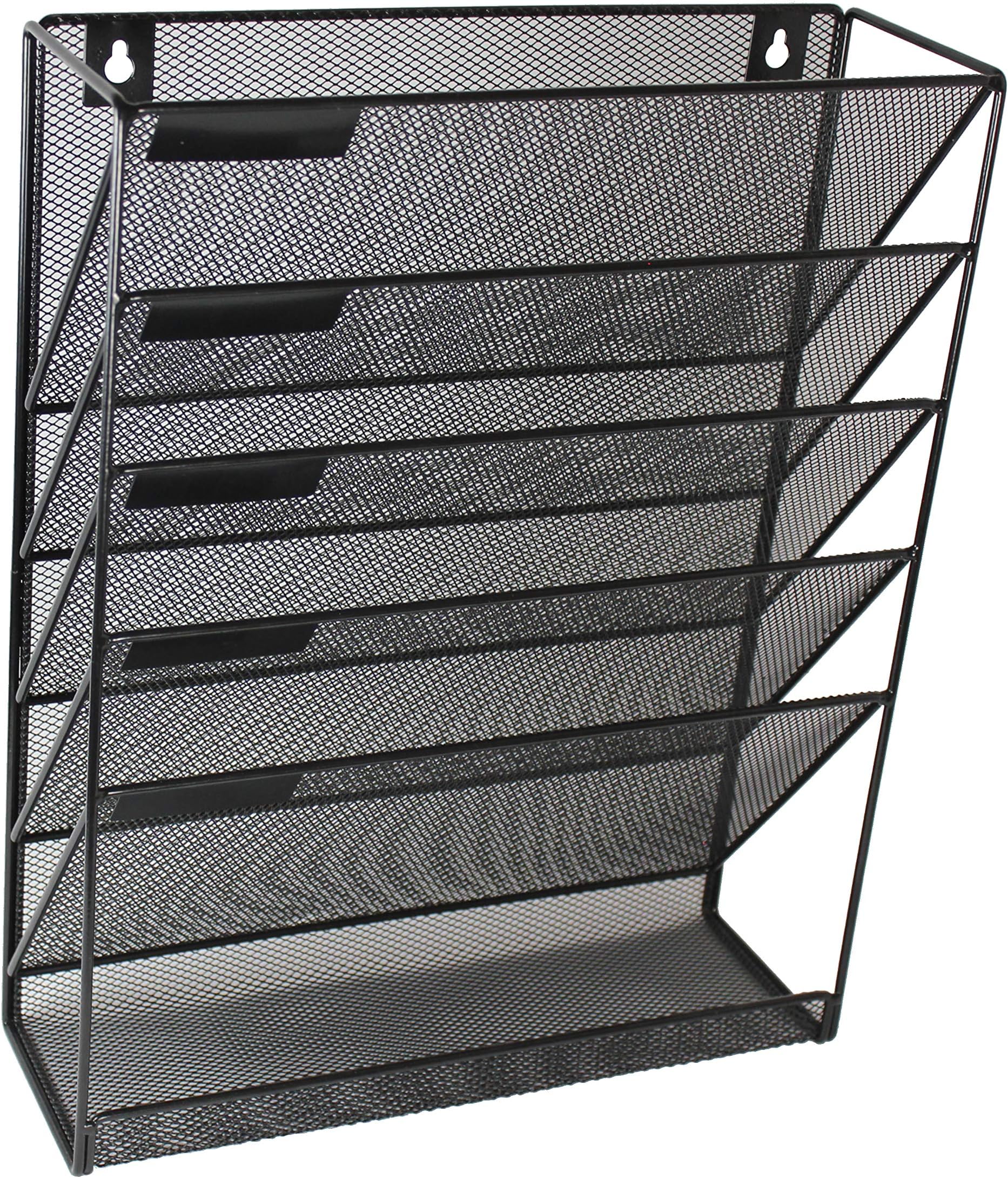 Hemier - 5 Pocket + 1 Tray Wall Mount Mesh File Organizer Folder Magazine Sorter Mail Paper Document Rack Letter Hanging Metal Holder for Business Home School Office Organization, Black