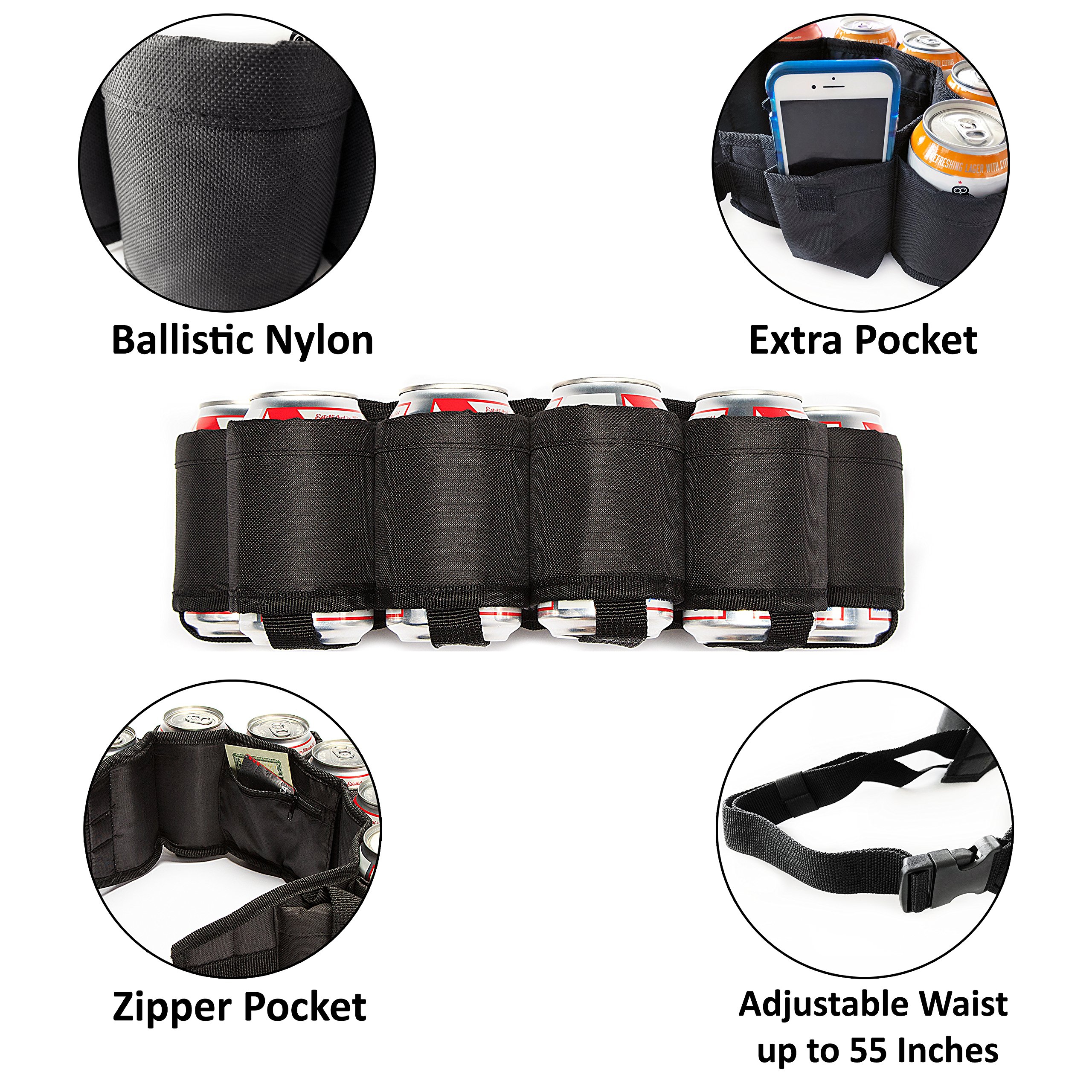 Beer Belt Tough Insulated Holder for 6 Cold Beers Adjustable Waist Strap with Buckle