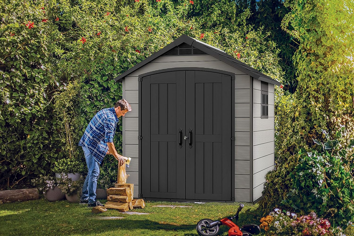 Keter Premier Apex Outdoor Garden Storage Shed, Grey, 7.5 x 7 ft - Image 3