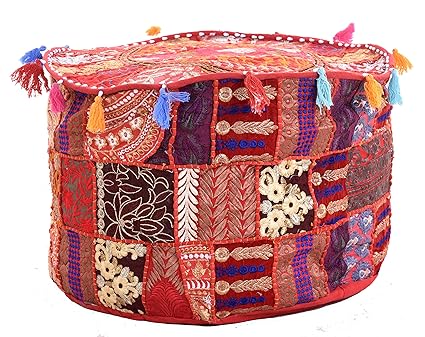 Red Embroidery Pouf Ottoman Pouffe Cover Ethnic Decorative Pillow Cover Round Pouf Foot Stool Poof Cover 22 Inch by Handicraft-Palace