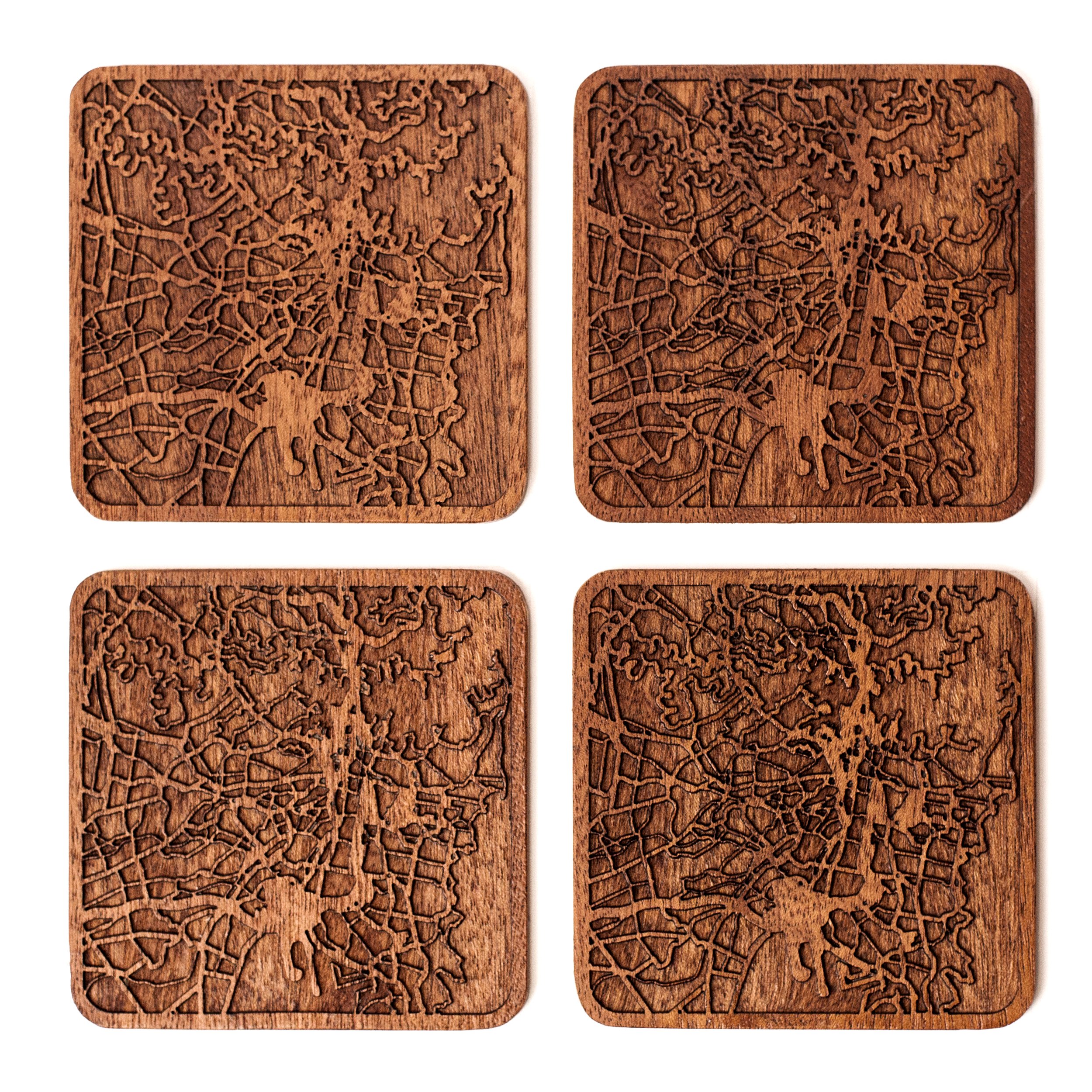 Sydney Map Coaster, Set of 4, Sapele Wooden Coaster with City Map, Handmade