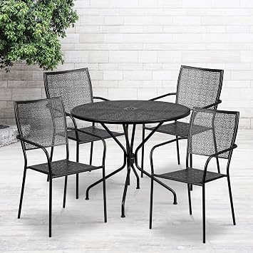 Amazon Com Flash Furniture Commercial Grade 35 25 Round Black Indoor Outdoor Steel Patio Table Set With 4 Square Back Chairs Furniture Decor