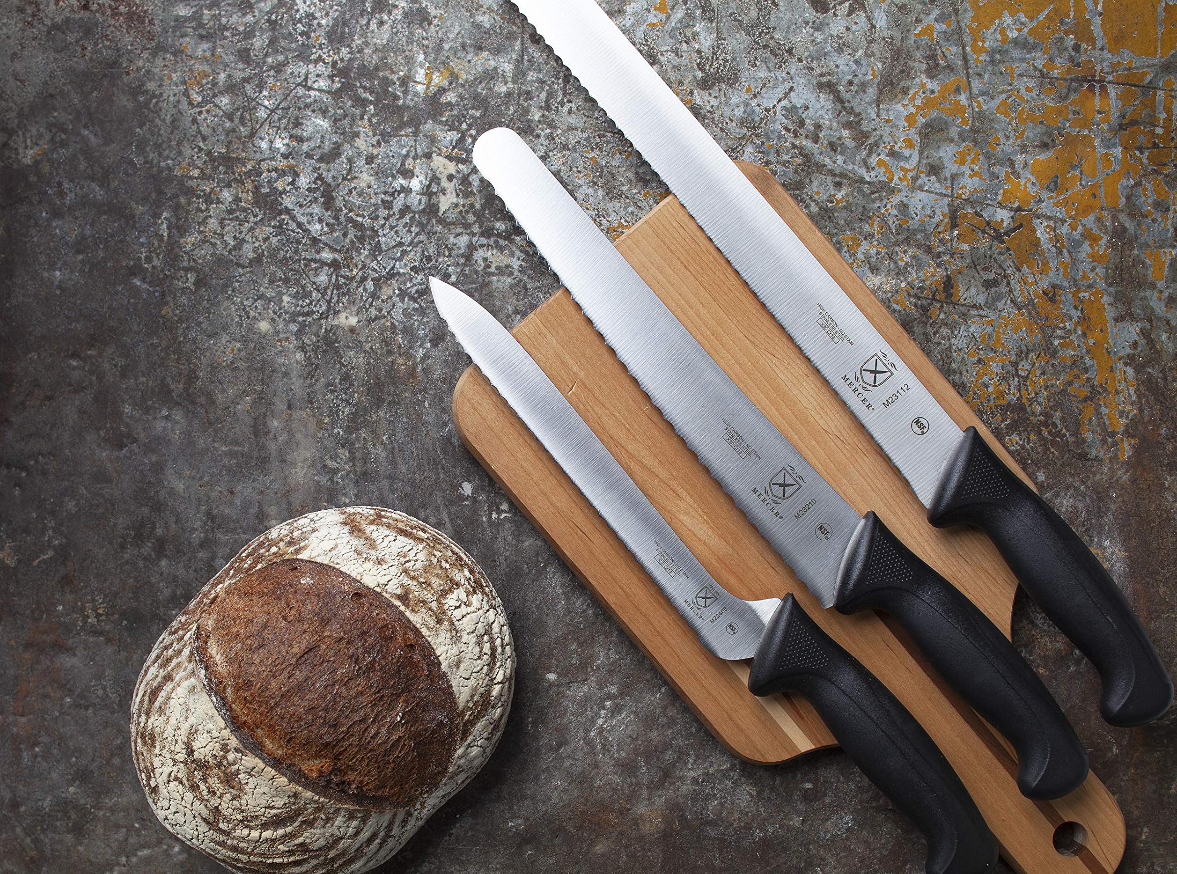 Mercer Culinary Millennia Chef Knife, 12-Inch, 10-Inch, Wide Wavy Edge Bread Knife, Black M23210
