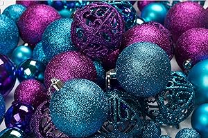 R N' D TOYS 100 Purple and Blue Christmas Ornament Balls Shatterproof + 100 Metal Ornament Hooks, Hanging Ornaments for Indoor/Outdoor Xmas Christmas Tree, Holiday Party, Home Décor Sizes, 1.2" 1.6" & 2.4"