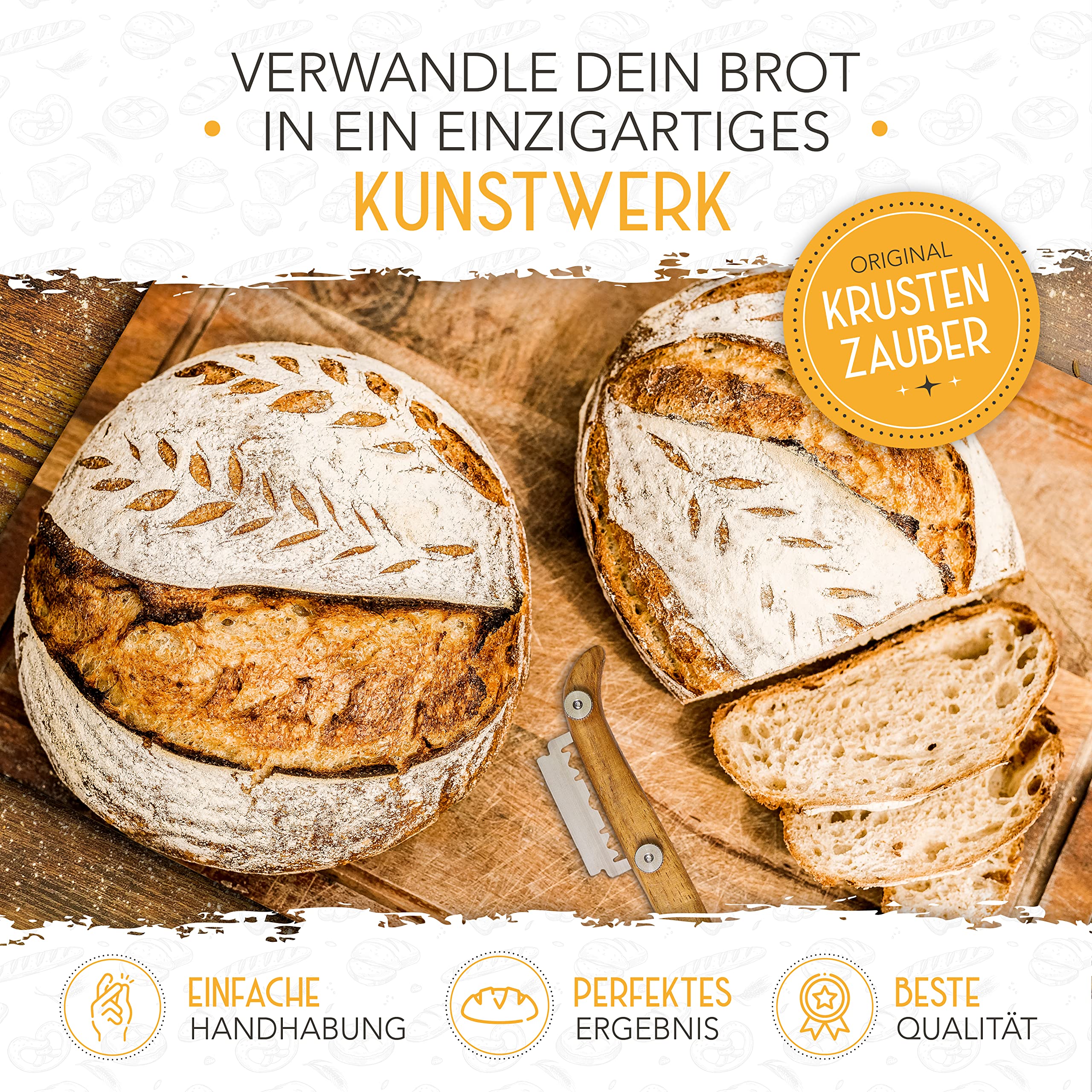 KRUSTENZAUBER Gärkörbchen zum Brotbacken + Bäckermesser - Set aus 2x Gärkorb und 2x Teigritzmesser - Brot Backen Zubehör, Brotkorb, Brotbackform, Sauerteig Teigschneider, Gärfolie Brot 5