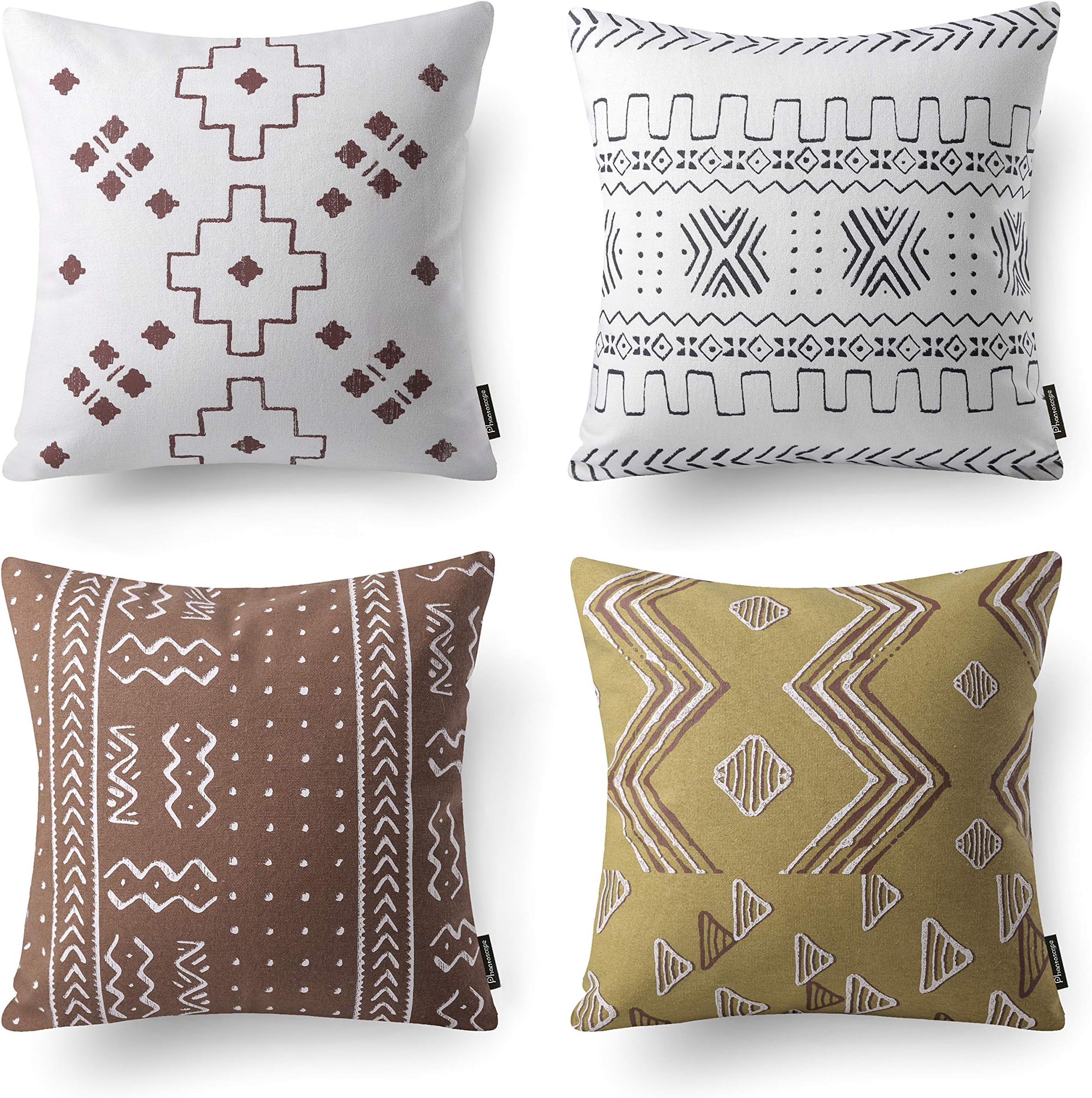 Phantoscope Set of 4 100% Cotton White and Brown Geometric Decorative Throw Pillow Case Cushion Cover 18 x 18 inches 45cm x 45cm