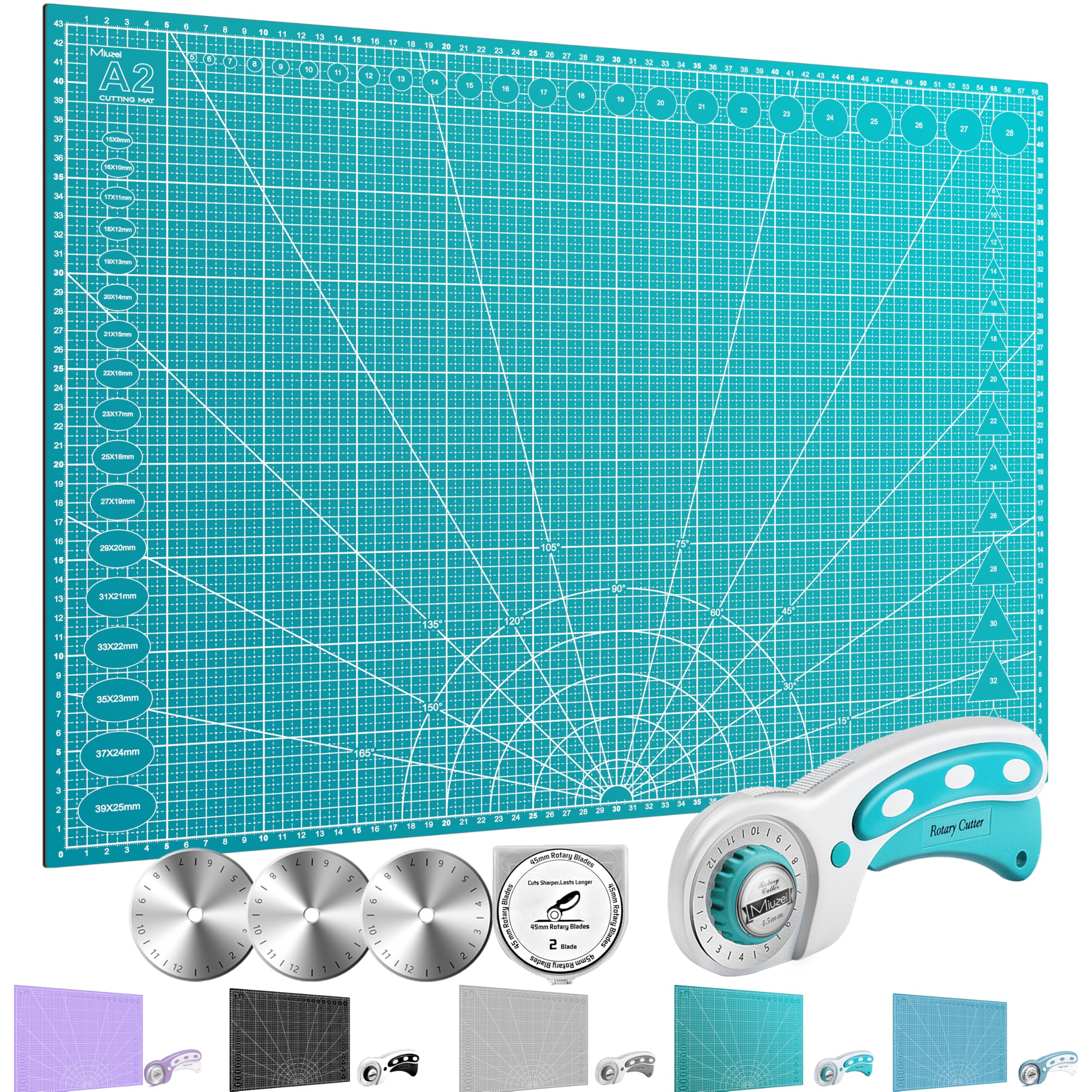 Miuzei Rotary Cutter Set: A2 Cutting Mat, 45mm Fabric Cutter, Self-Healing Craft Mat, Quilting Kit, Suitable for Cutting Fabric, Sewing, Leather and Paper Cyan