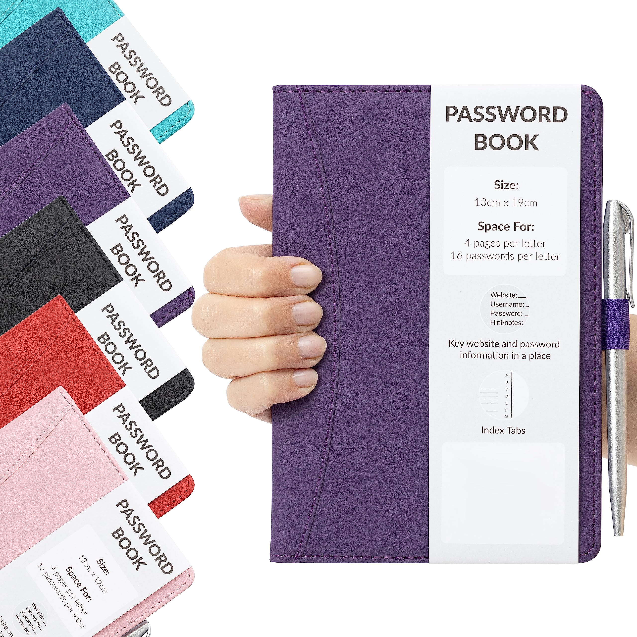 Password Book Alphabetical with Tabs - Secure Login Organiser for Websites, Username & Notes - Hardback A-Z Index Password Keeper with Pen (Purple)