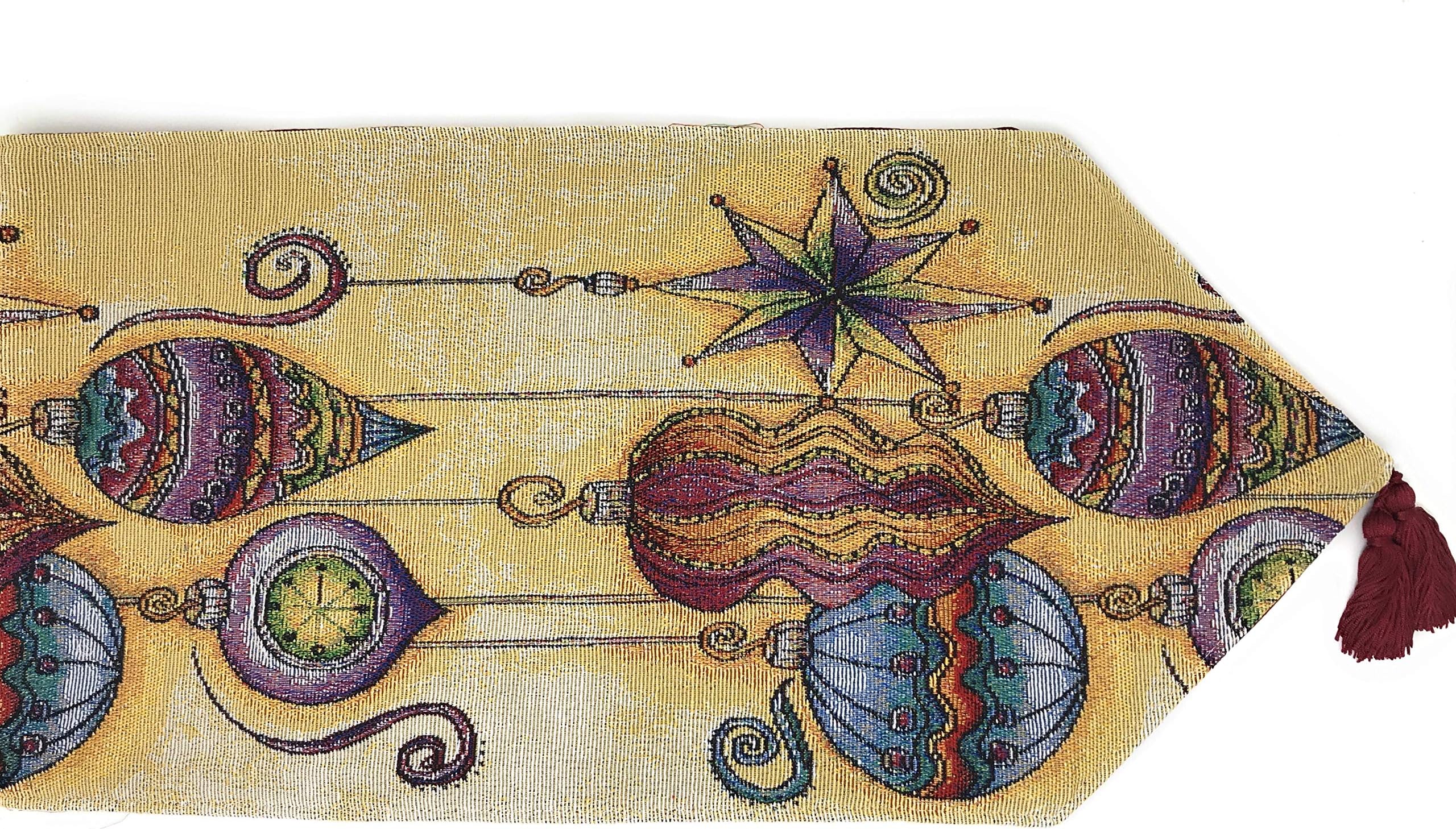 DaDa Bedding Bohemian Ornaments Tapestry Table Runner - Festive Golden Christmas Holiday Glowy Starry Magical Lantern Lamps - Needle Stitched Cotton Linen Woven Kitchen Dining Mats - 13" x 54"