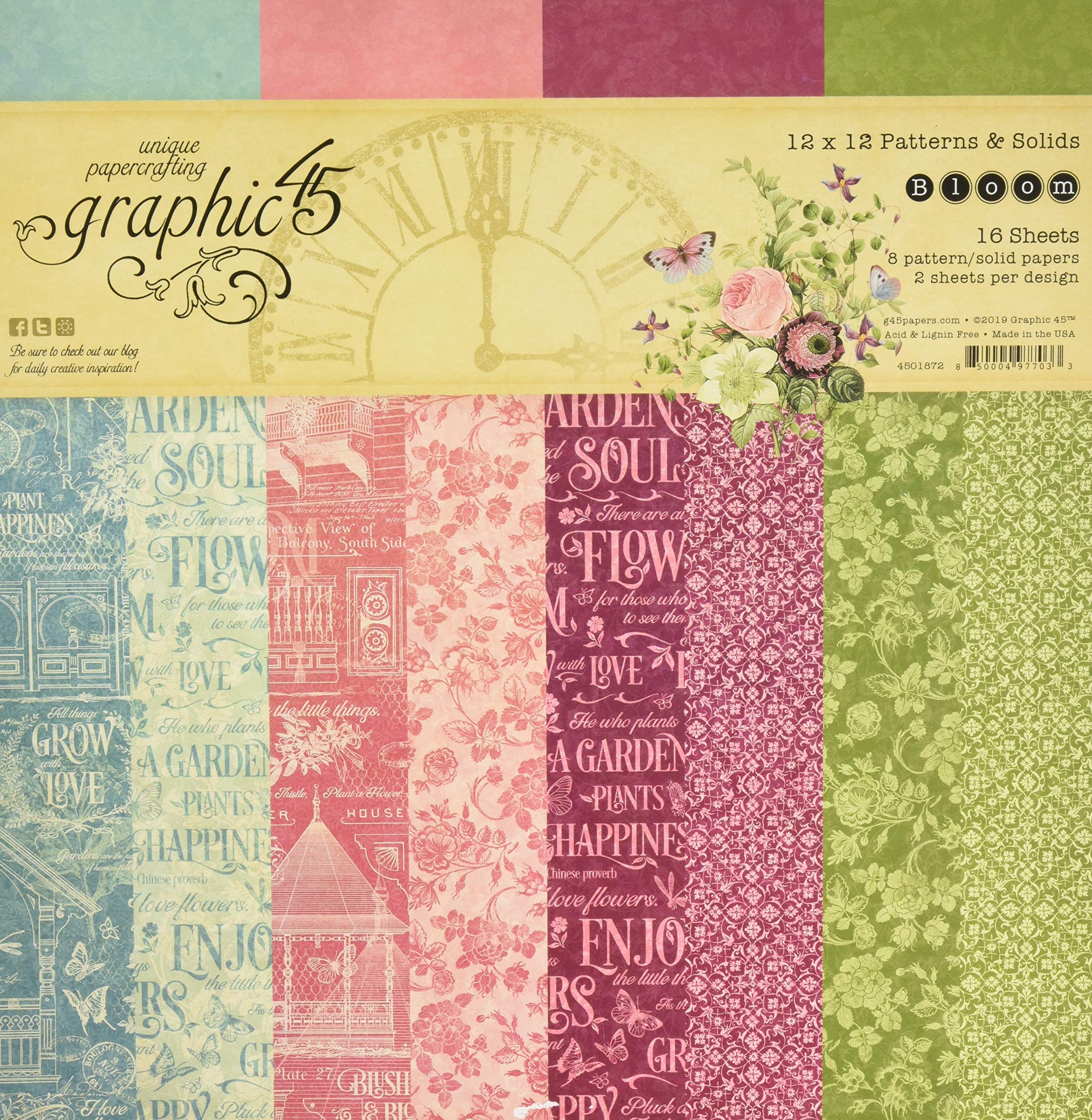 Graphic 45 4501872 Bloom Patterns & Solids 12"x12" Paper Pad 16 sheets