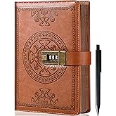 CAGIE Diary with Lock for Women and Men A5 Refillable 290 Lined Pages Locked Journal with Pen, Journal with Lock for Adults Travel Diary for Writing, 5.7'' X 8.3'', Brown