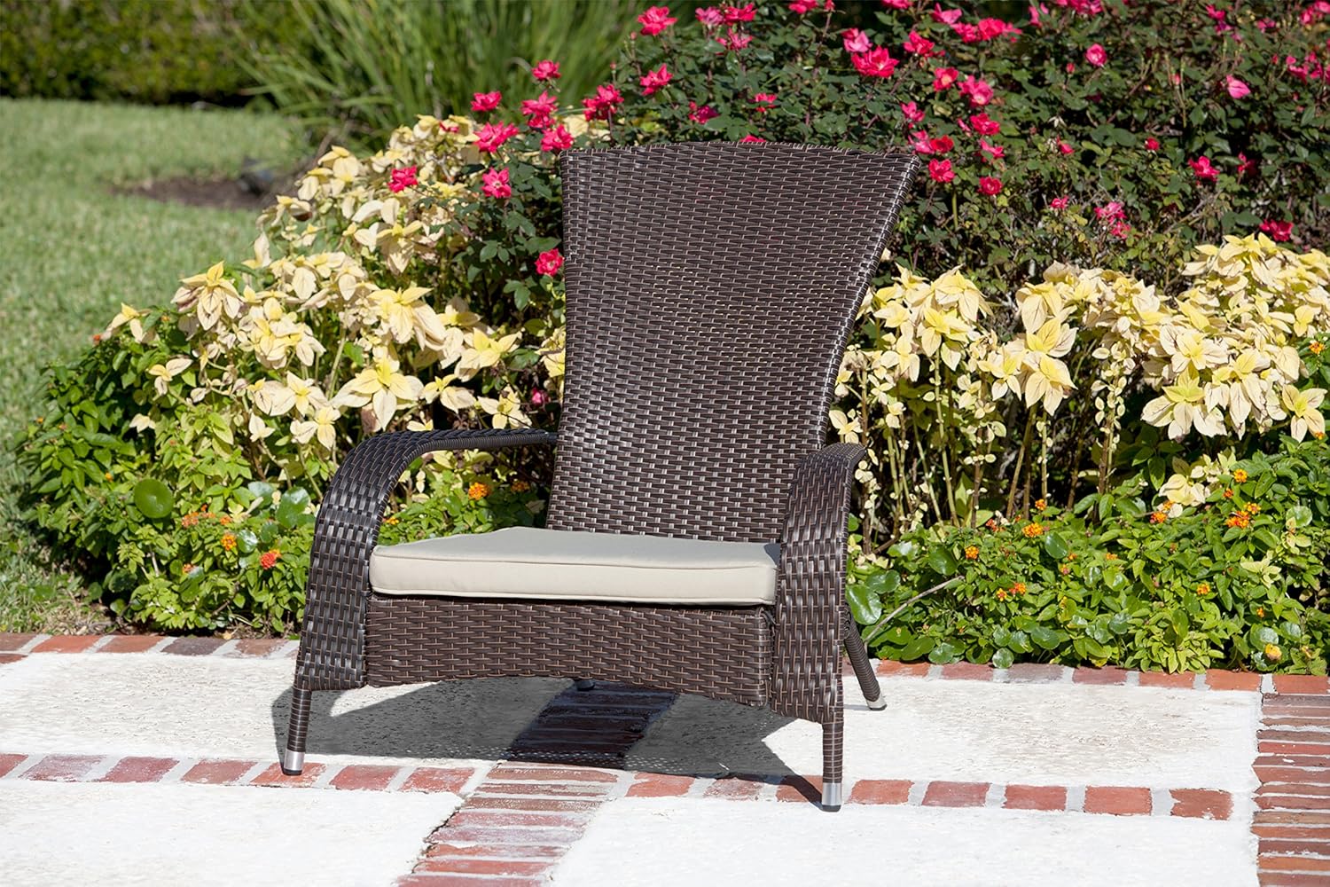 Patio Sense Coconino Wicker Lounge Chair, Mocha All Weather Wicker, Beige Cushion, Adirondack Style Armchair: Home & Kitchen