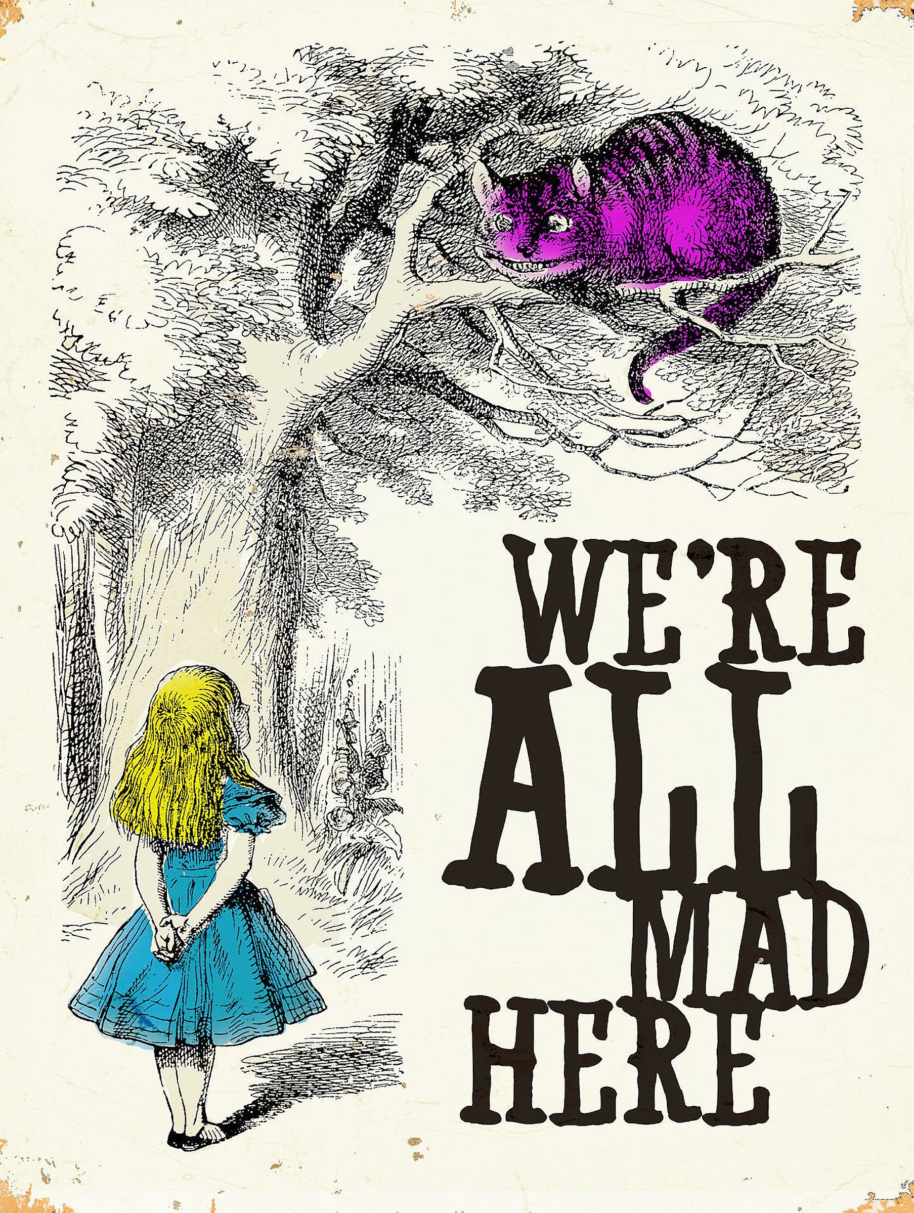 Shawprint Alice in Wonderland We're All Mad here Metal Wall Sign 6x8inches Plaque Vintage Retro Poster Art Picture Print 10" x 8" (10" x 8")