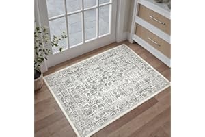 PureCozy Entryway Area Rug 2x3 Black Washable Vintage Distressed Indoor Carpet Non Slip Low Pile Thin Small Door Mat Traditio