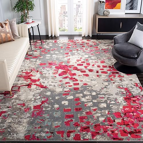 Safavieh Monaco Collection MNC225R Boho Chic Abstract Watercolor Non-Shedding Stain Resistant Living Room Bedroom Area Rug, 6'7" x 6'7" Square, Grey / Fuchsia