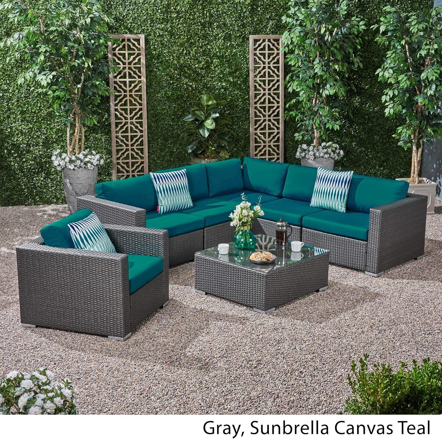Amazon Com Great Deal Furniture Francisco Rosa Outdoor 6 Seater Wicker Sectional Sofa Set With Sunbrella Cushions Gray And Sunbrella Canvas Teal Garden Outdoor
