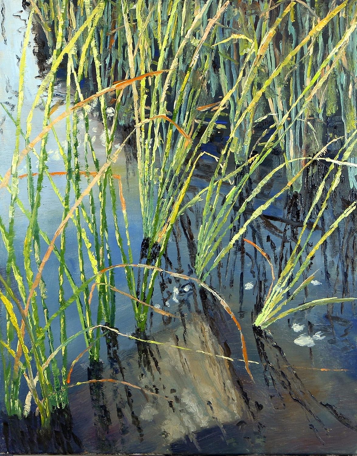 Reed It, oil painting, water and reeds. Handmade