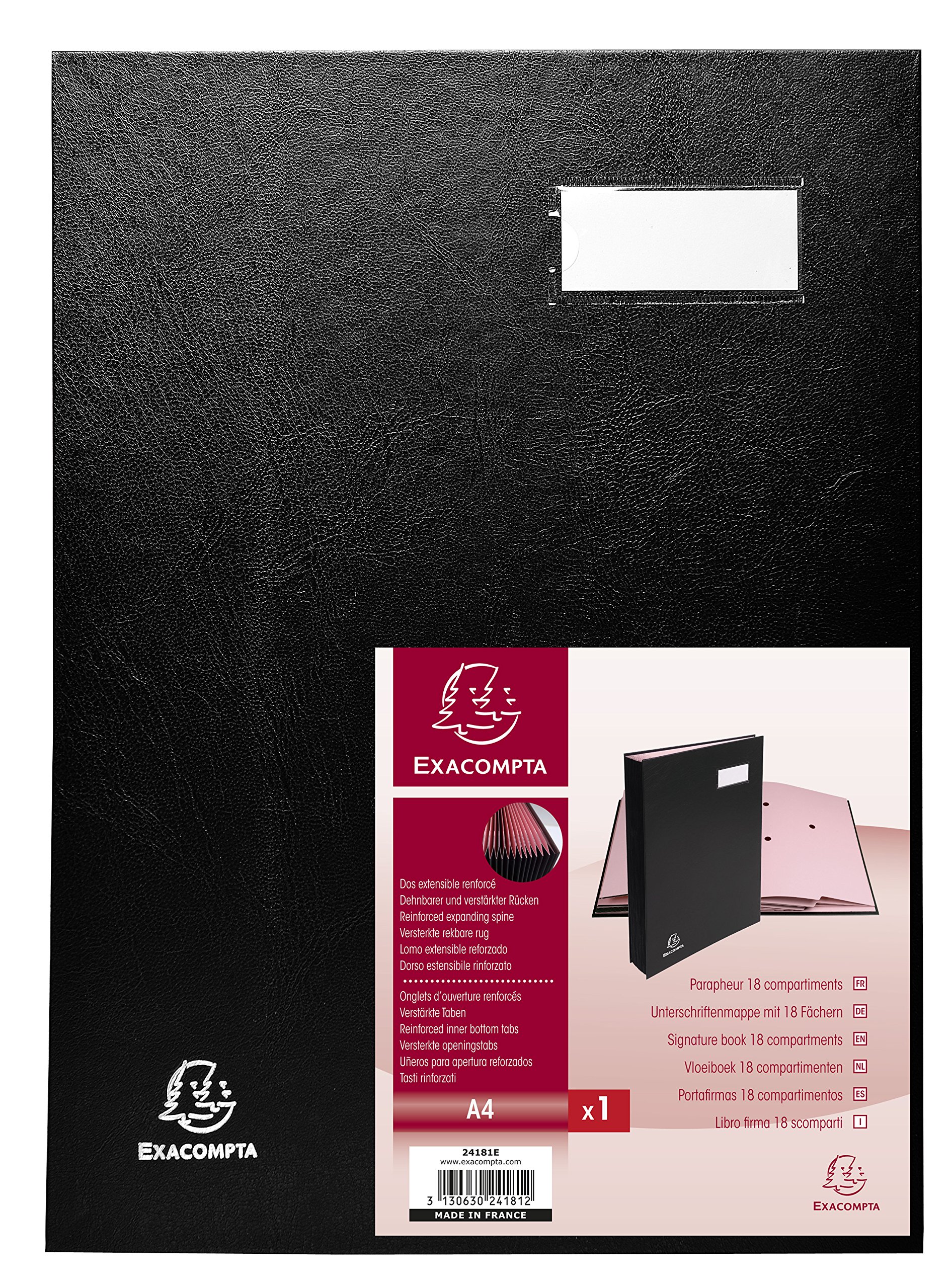 Exacompta - Ref 24181E - Direction Signature Book - 240 x 320mm in Size, Suitable for Storing A4 Documents, Plastic Cover &,300gsm Interior, 18 Compartments - Black