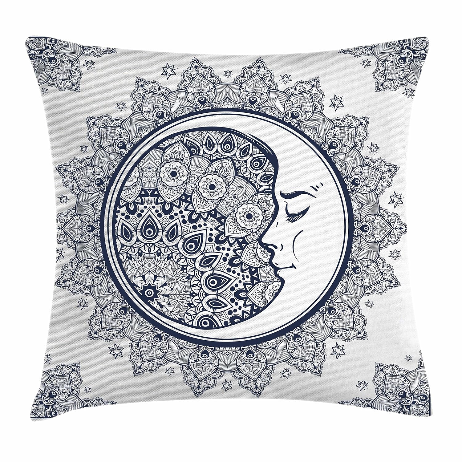 Ambesonne Zodiac Throw Pillow Cushion Cover, Intricate Boho Mandala Form with Crescent Moon Foreground Alchemy, Decorative Square Accent Pillow Case, 20" X 20", Navy White