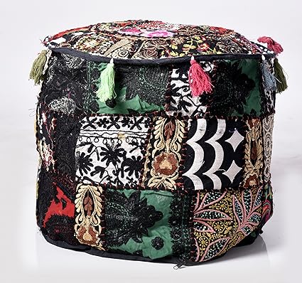 Black Khambadiya Embroidery Pouf Ottoman Pouffe Cover Round Pouf Foot Stool Poof Cover Ethnic Decorative Pillow Cover 18 Inch by Handicraft-Palace