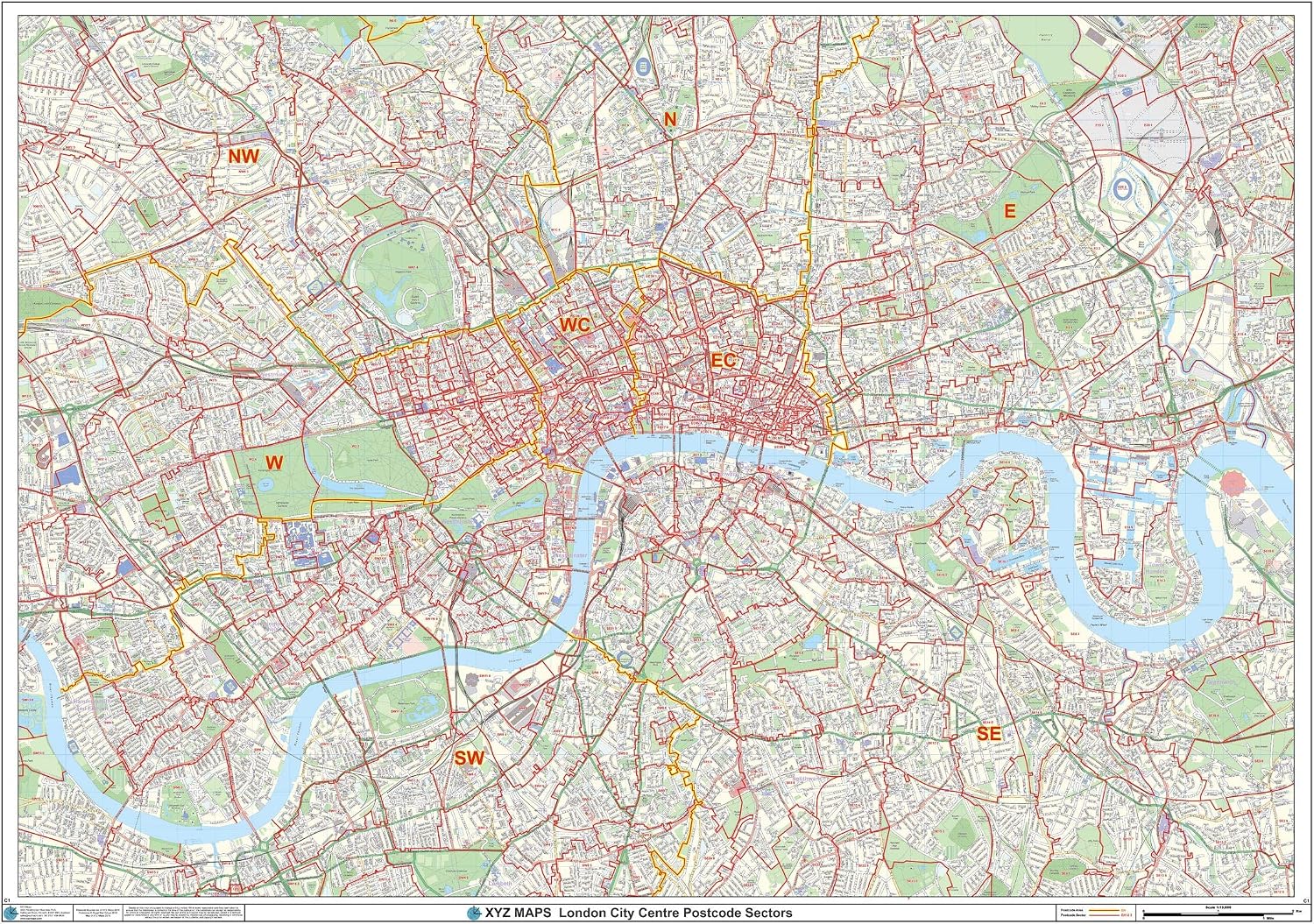 London City Centre Postcode Sectors Wall Map (C1) - 47" x 33.25" Laminated