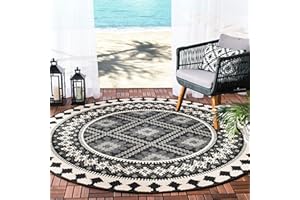 SAFAVIEH Veranda Collection 5'3" x 5'3" Round Black/Cream VER099 Boho Indoor/Outdoor Non-Shedding Easy Cleaning Patio Backyar