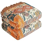 Boho Throw Blanket for Bed 60”x80”, 100% Cotton Woven Blanket for Couch Sofa, Ultra Soft 4-Layer Muslin Quilt with Patchwork Floral Printed, Farmhouse Bed Blanket/Cover for Living Room Decor