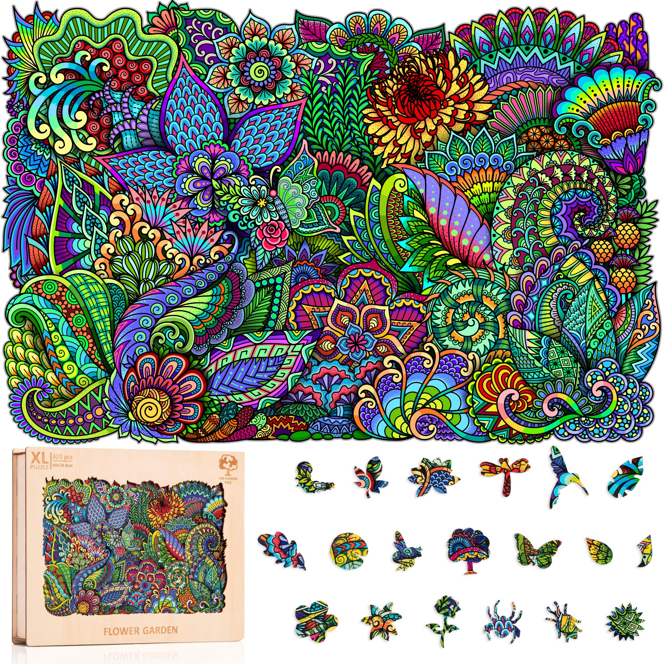Jigsaw Puzzles for Adults XL 320 Piece (40x27cm) – Flower Garden Wooden Jigsaw Puzzle for Adults by The Puzzled Tree Unique Gift Ready Puzzles