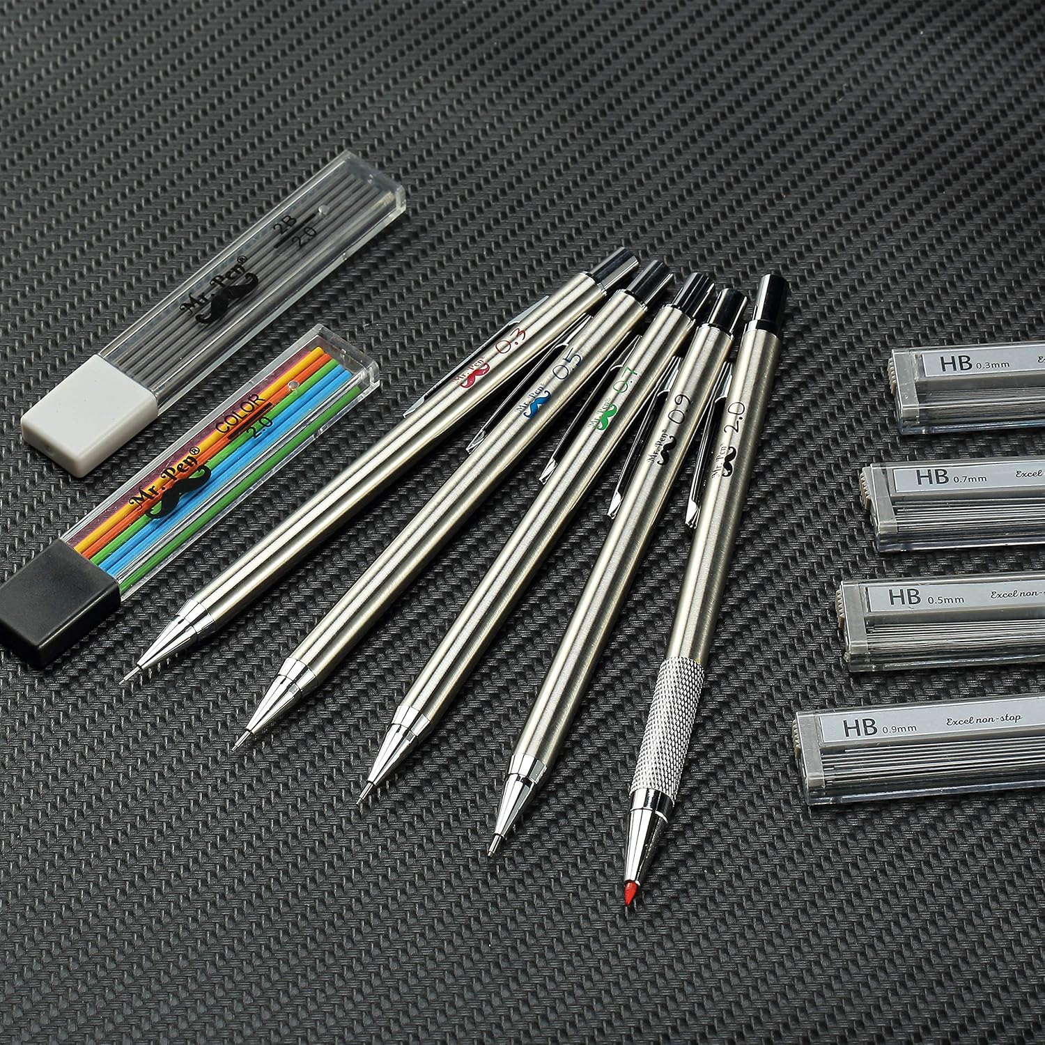 Mr. Pen- Metal Mechanical Pencil Set with Lead and Eraser Refills, 5 Sizes, 0.3, 0.5, 0.7, 0.9, 2mm, Drafting, Sketching, Architecture, Drawing Mechanical Pencils, Metal Mechanical Pencils : Office Products