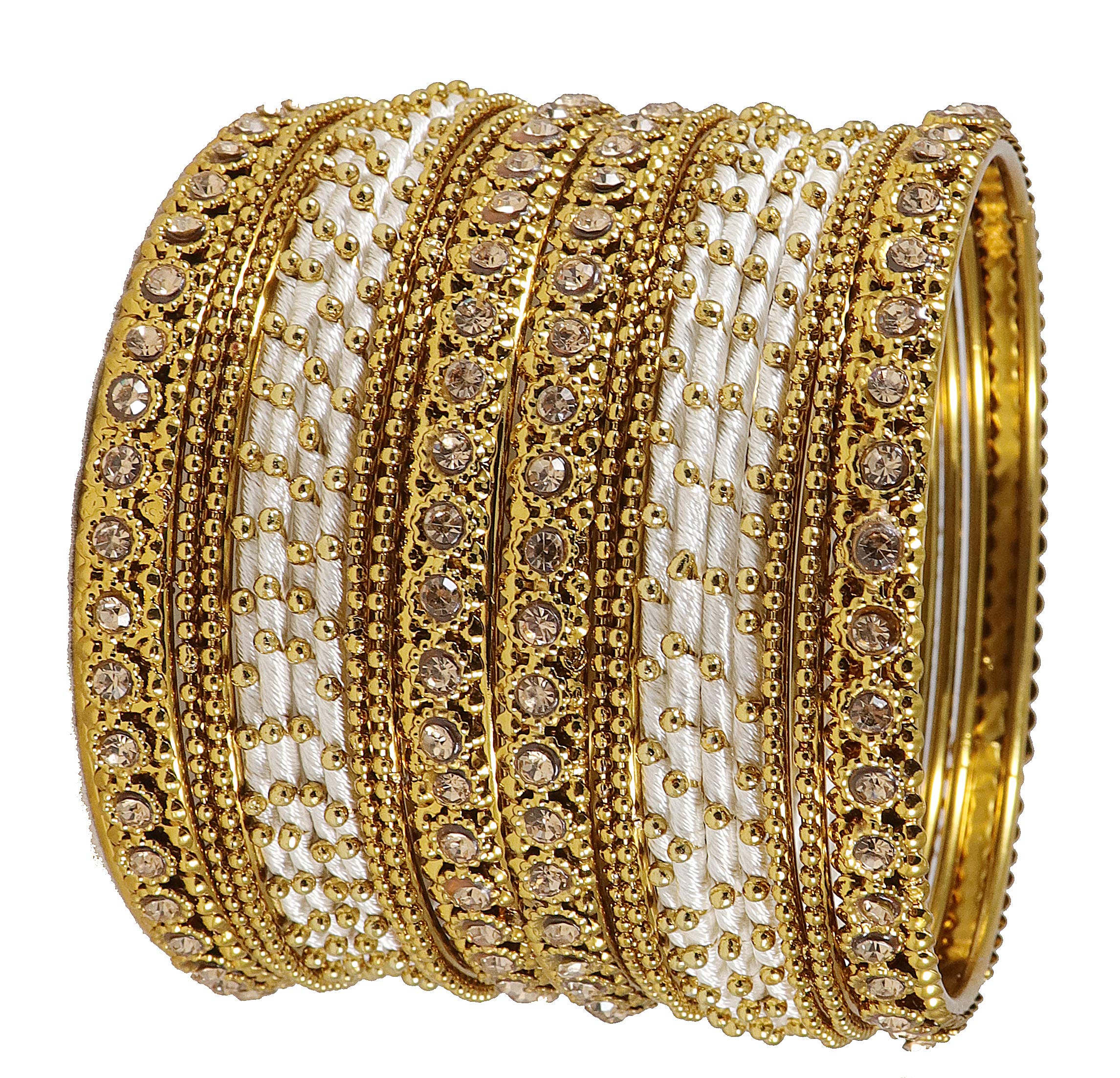 NMIIMetal with Golden Zircon Gemstone & Silk Thread Studded worked Ball Chain Linked Stylish Bangle Set For Women and Girls