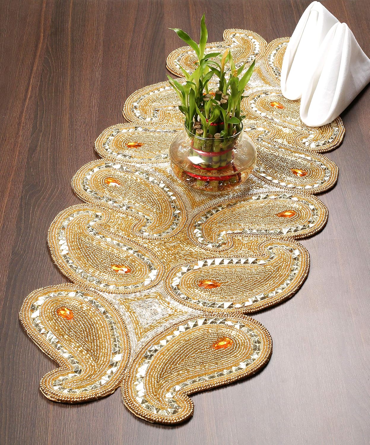 Beaded Embroidery Table Runner Scrolled Decorative Table