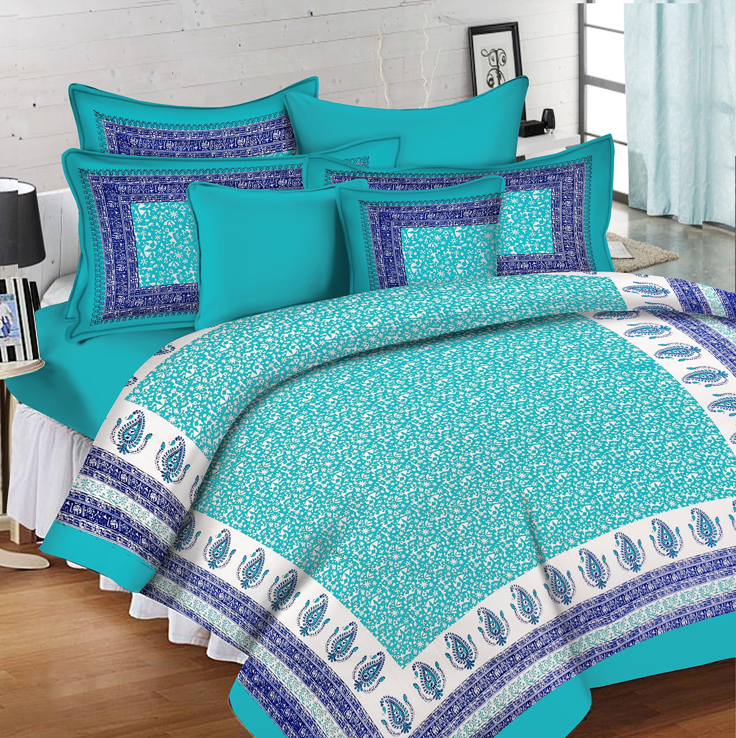 Lali Prints Original Jaipuri Hand Block 100% Cotton King Size Bedsheet with 2 Pillow Covers Green