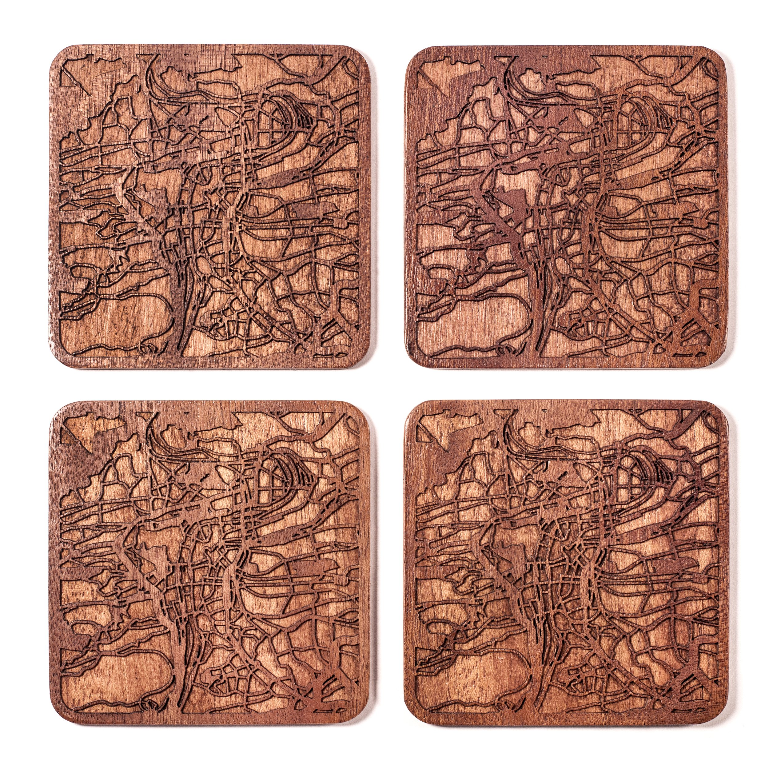 Prague Map Coaster, Set of 4, Sapele Wooden Coaster with City Map, Handmade