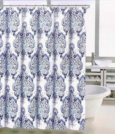 Amazon Tahari Home ファブリックシャワーカーテン フローティングフローラル メダリオン柄 ブルーとグレーの色合い ホワイトに ジュビラントダマスク シャワーカーテン ホーム キッチン オンライン通販