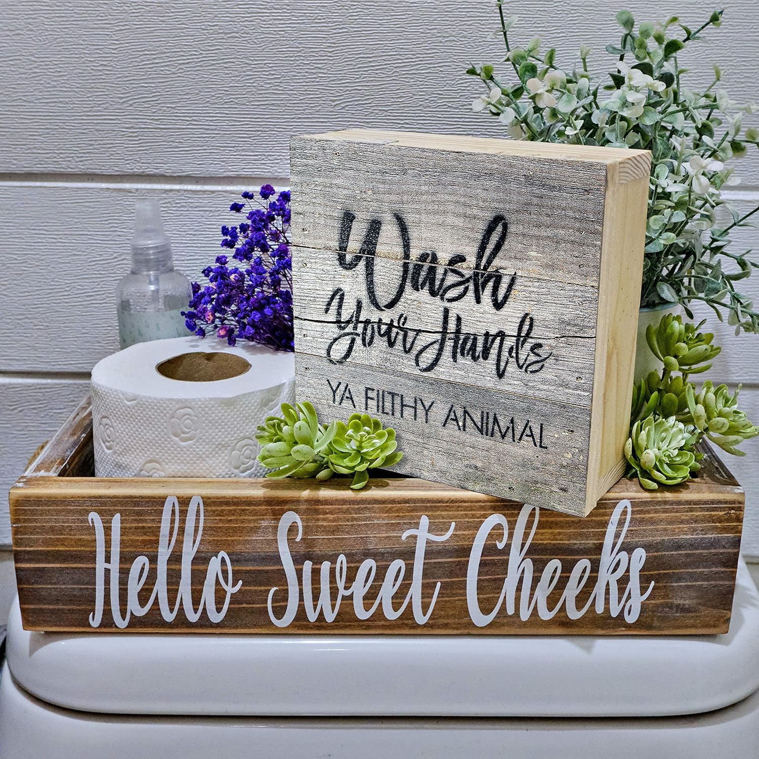 Wash Your Hands Ya Filthy Animal Box Signs for Home Decor, Farmhouse Cute Wooden Signs with Quotes, Funny Knick Knacks Home Decor Shelf Items, Wooden Box Signs with Quotes, Rustic Plaques with Sayings: Home & Kitchen