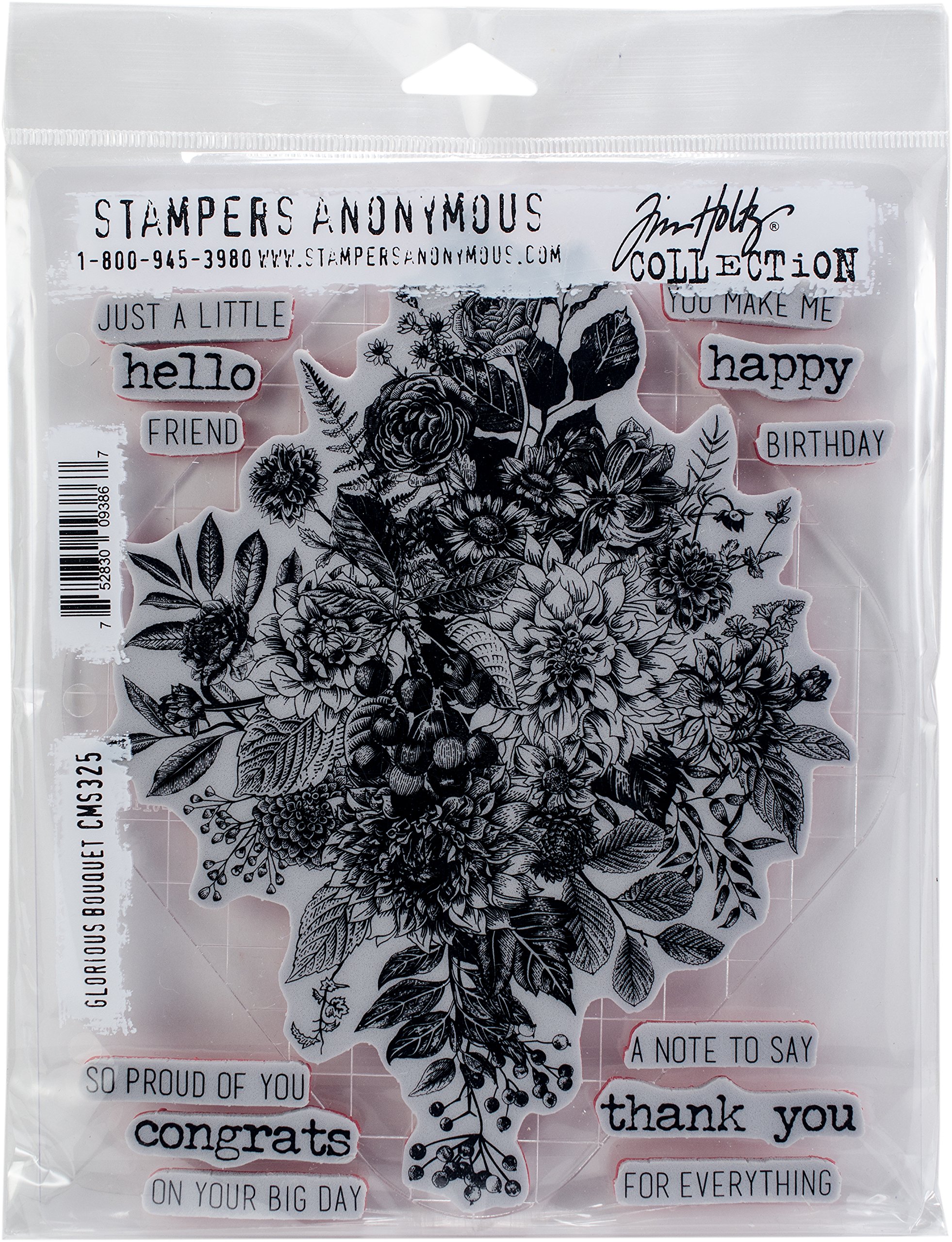Tim Holtz - Stampers Anon Cling RBBR Stamp Set, Glorious Bouquet W/Grid Block, One Size