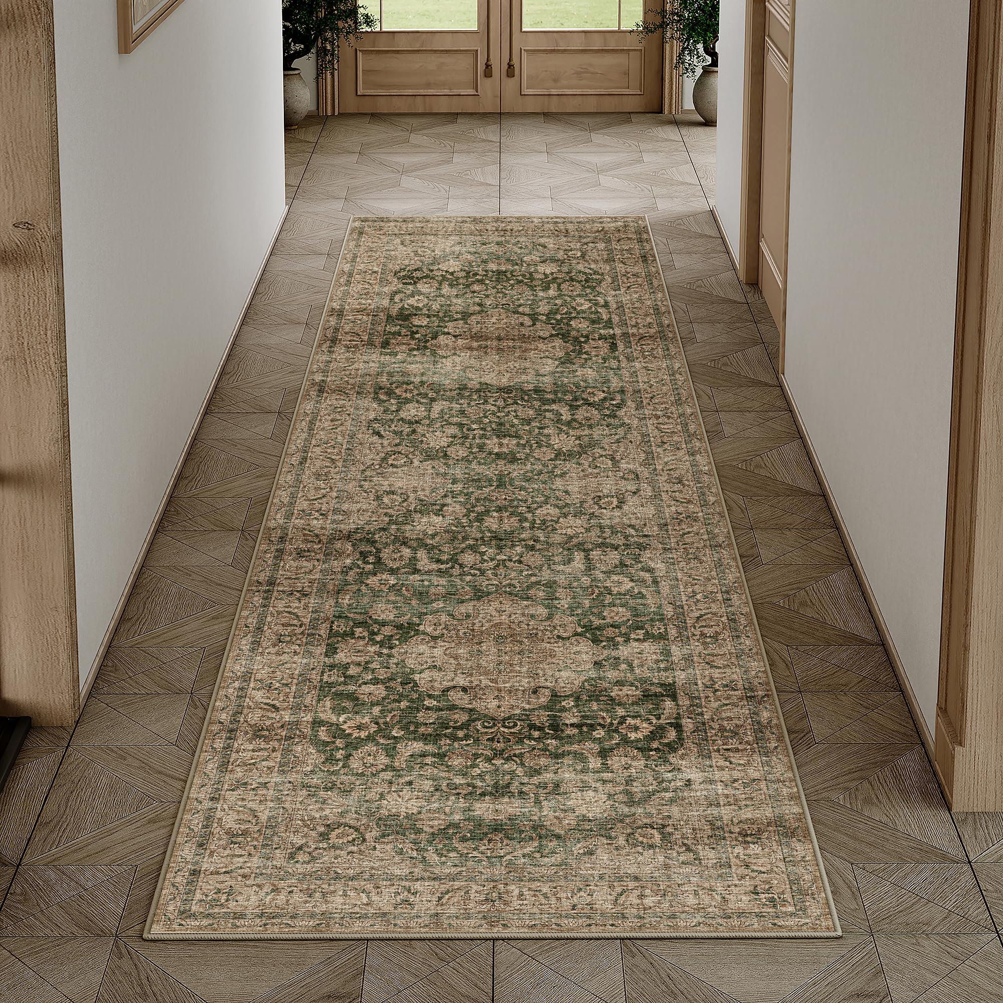WondRg 2x6 Washable Green Vintage Runner Rug for