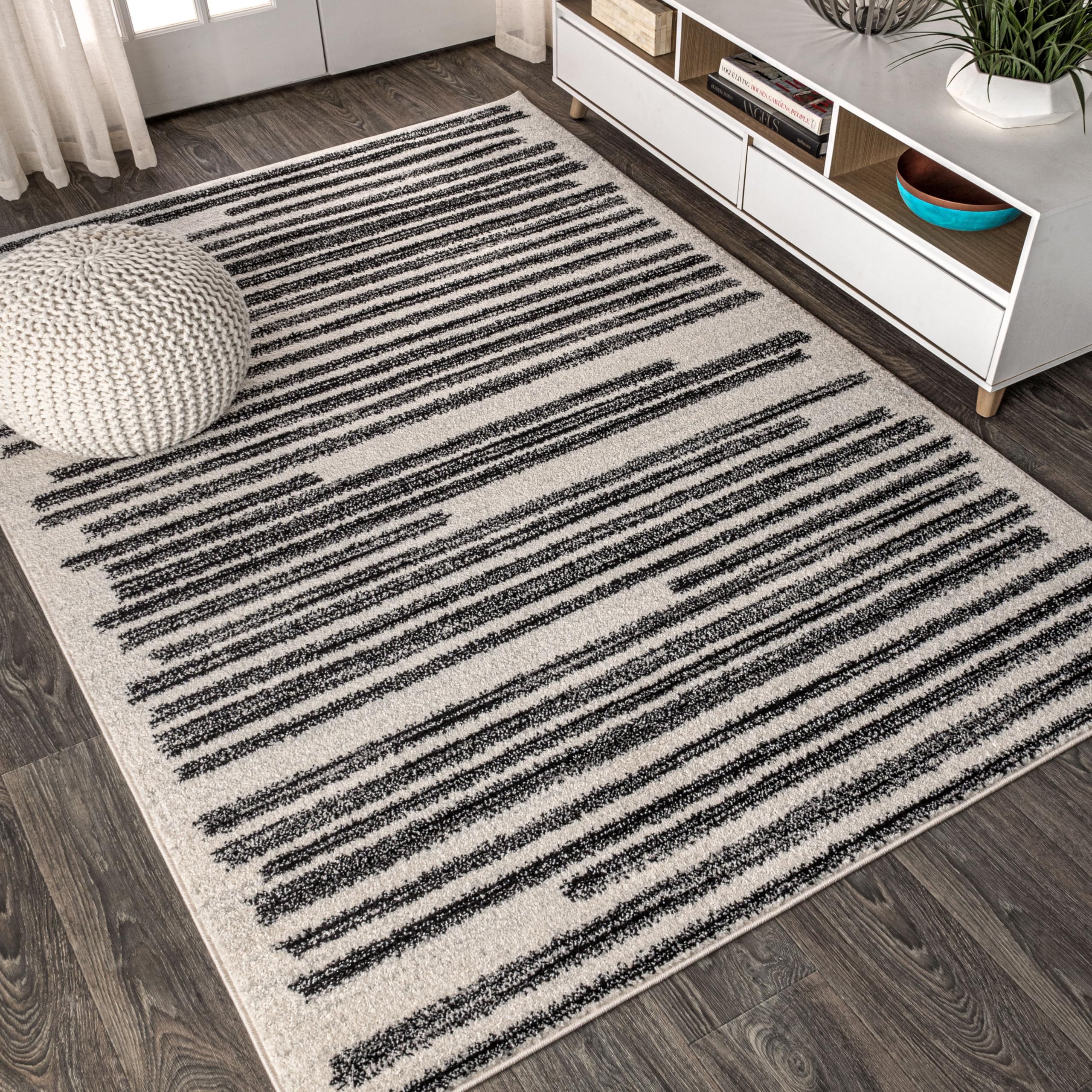 JONATHAN Y Khalil Modern Berber Stripe Cream/Black Indoor Area Rug, 12x15, Contemporary, Bohemian, Easy-Cleaning for Living Room, Bedroom, Kitchen, Pet Friendly, Non-Shedding (MOH207A-15) Image