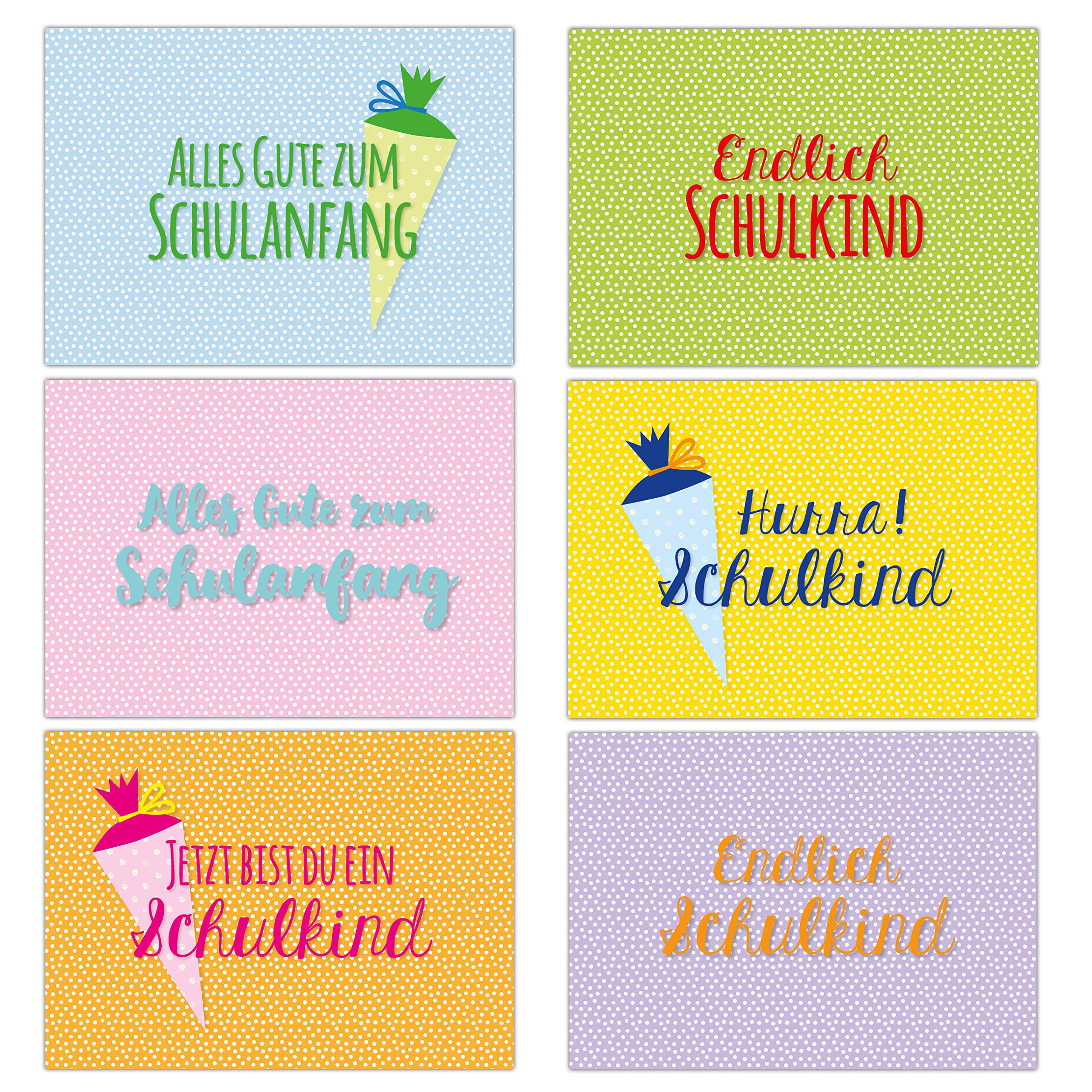 12 Greetings Cards for First Day of School – Colourful with Dots – Gift and Greetings for Beginners of School – Colourful Postcard Set for Children at the First Day of School – DIN A6