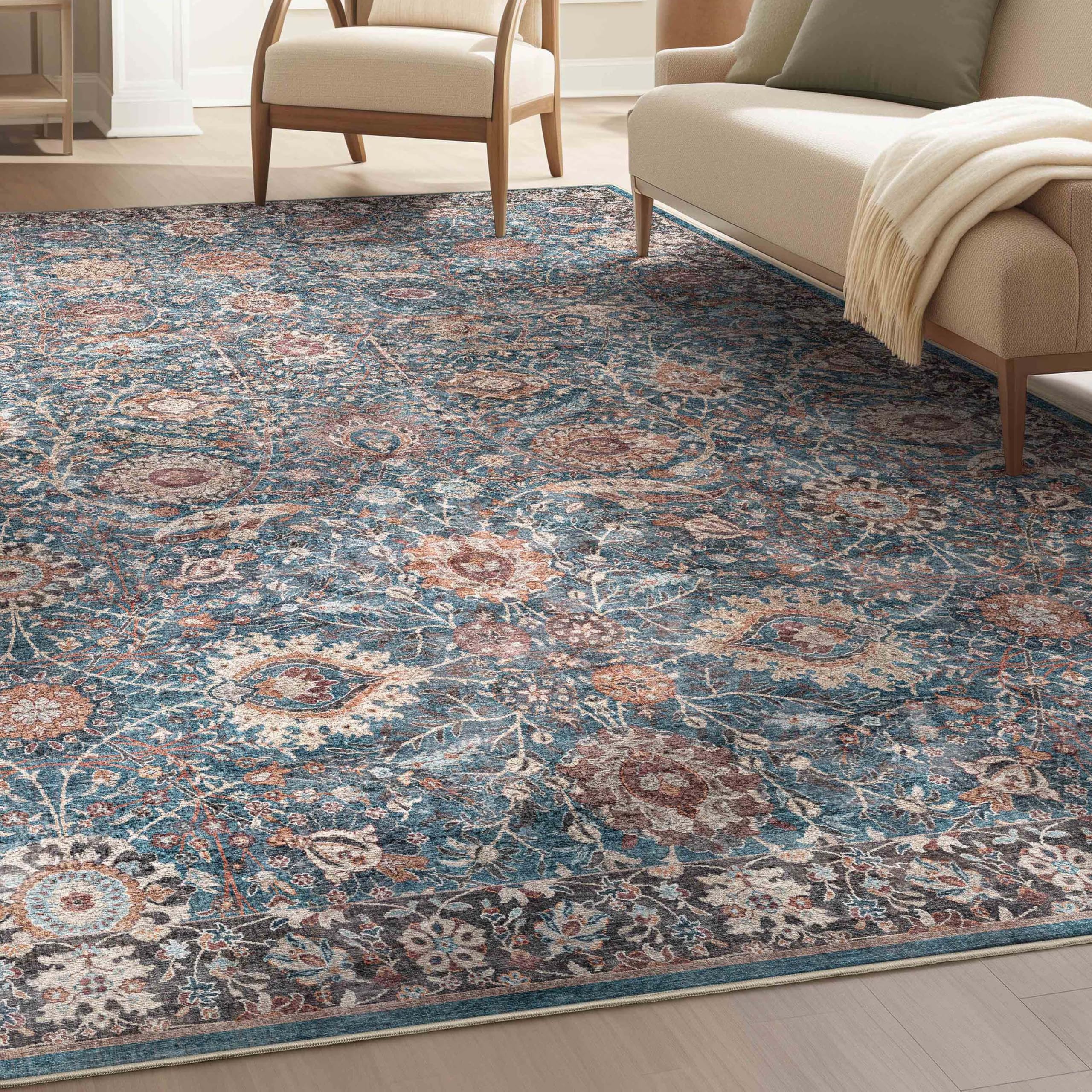 Well Woven Asha Collection Elegant Teal Blue Oriental 8×10 Rug Perfect for Living Room Dining Room or Bedroom Ideal for High-Traffic Areas with Vintage-Inspired Low Pile
