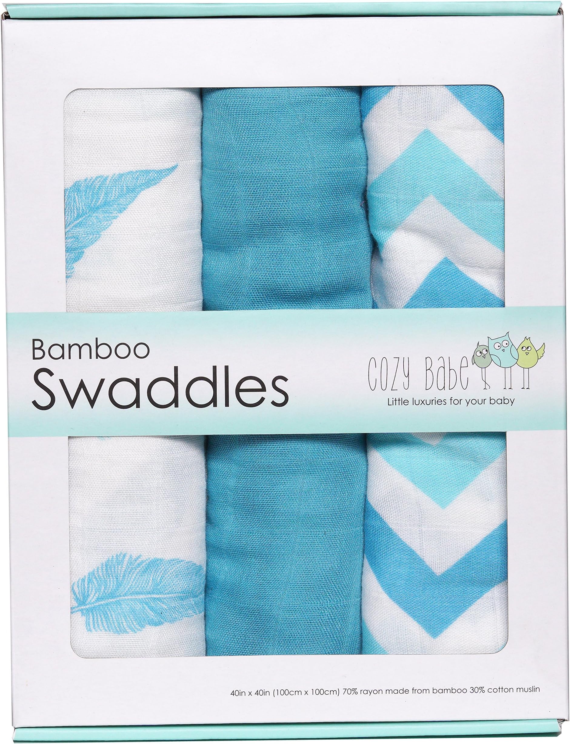 Bamboo Muslin Swaddle Blankets - 3 Pack - Aqua Feather Chevron - Softest Muslin Swaddles by Cozy Babe