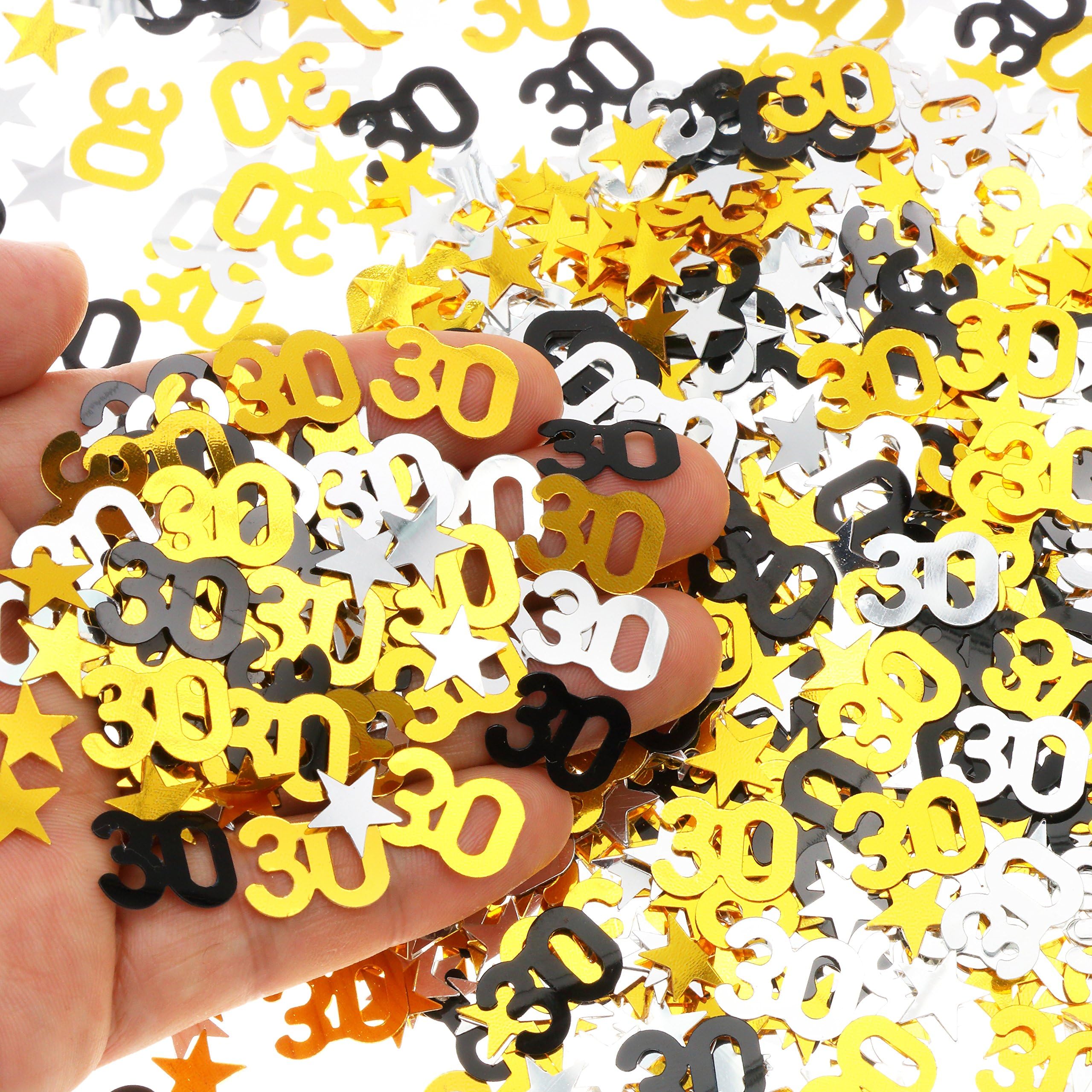 AHAYA 30th Birthday and Wedding Anniversary Party Table Confetti Decorations - 2400 Pieces, Gold Silver Black 30 Number and Little Star Metallic Foil Confetti for 30th Anniversary Theme Party
