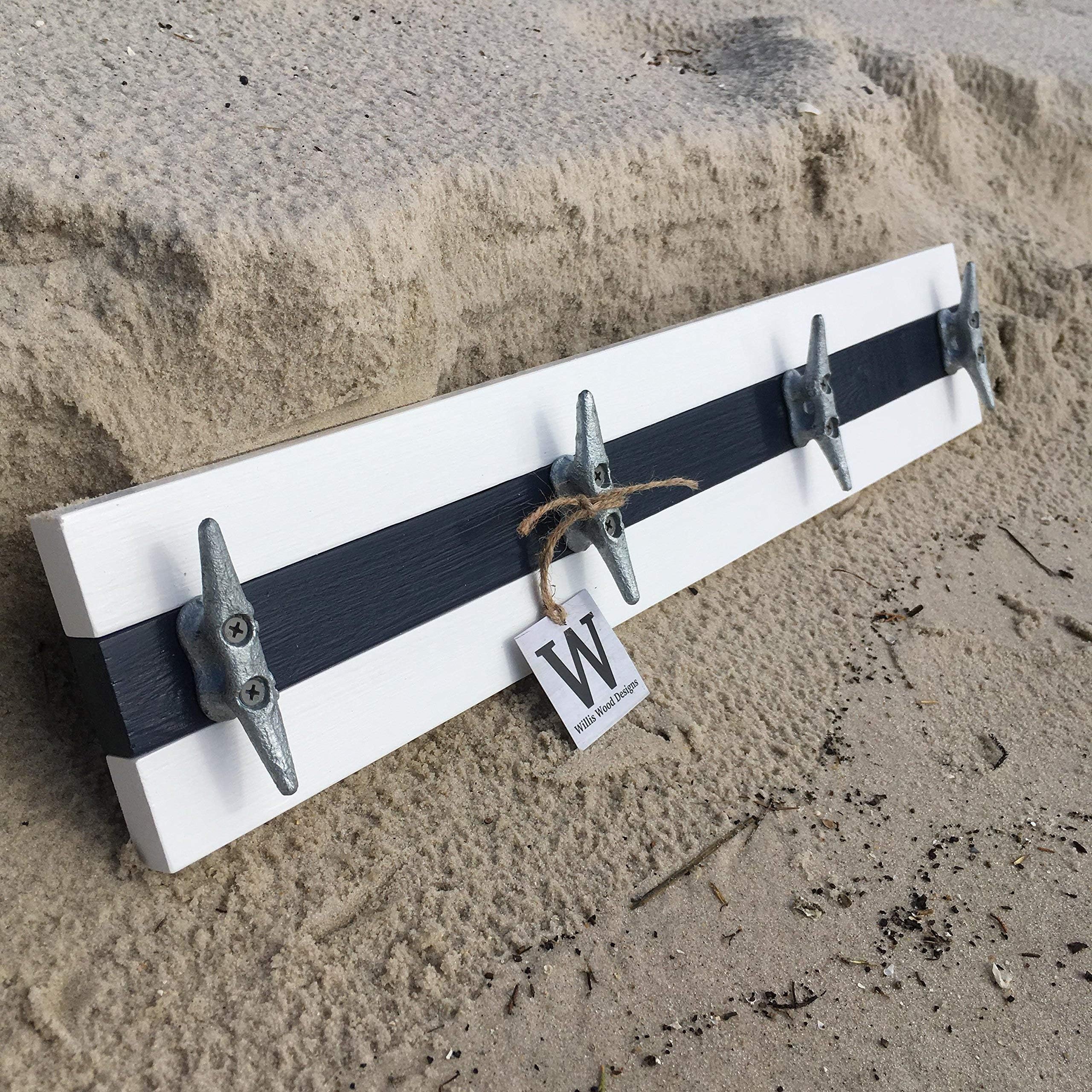 Nautical Boat Cleat Coat Rack, Towel Rack, or Hat Rack, White and Navy Blue
