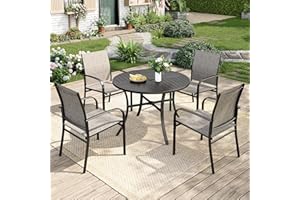 MIXPATIO Patio Table and Chairs Set for 4, 5 Pieces Outdoor Dining Set, 4 Brown Textilene Chairs and 42" Metal Round Table with Umbrella Hole, for Deck Garden Backyard Lawn Poolside