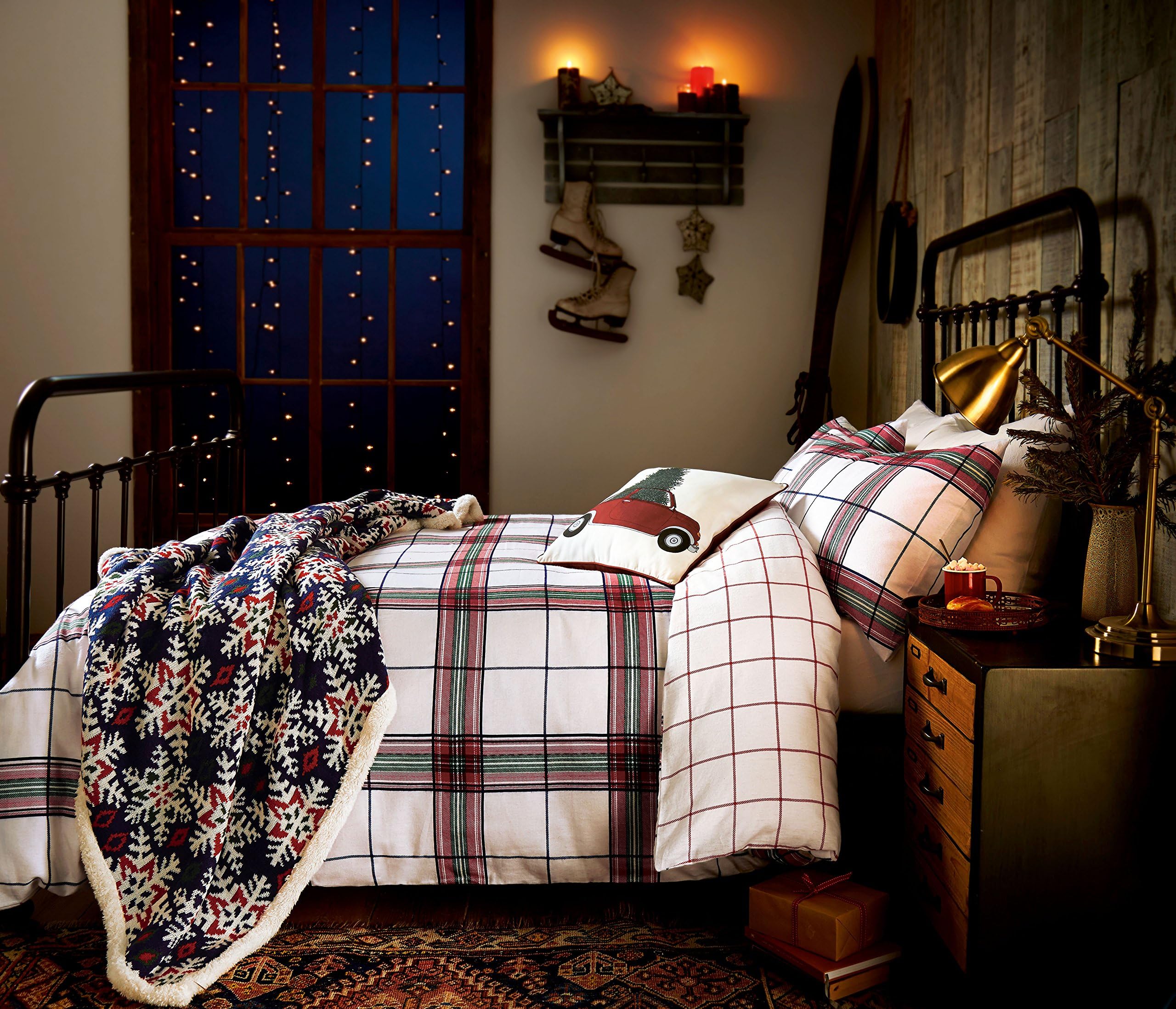 Peacock Blue Noel Brushed Cotton Checked Bedding Single Duvet Cover Set.