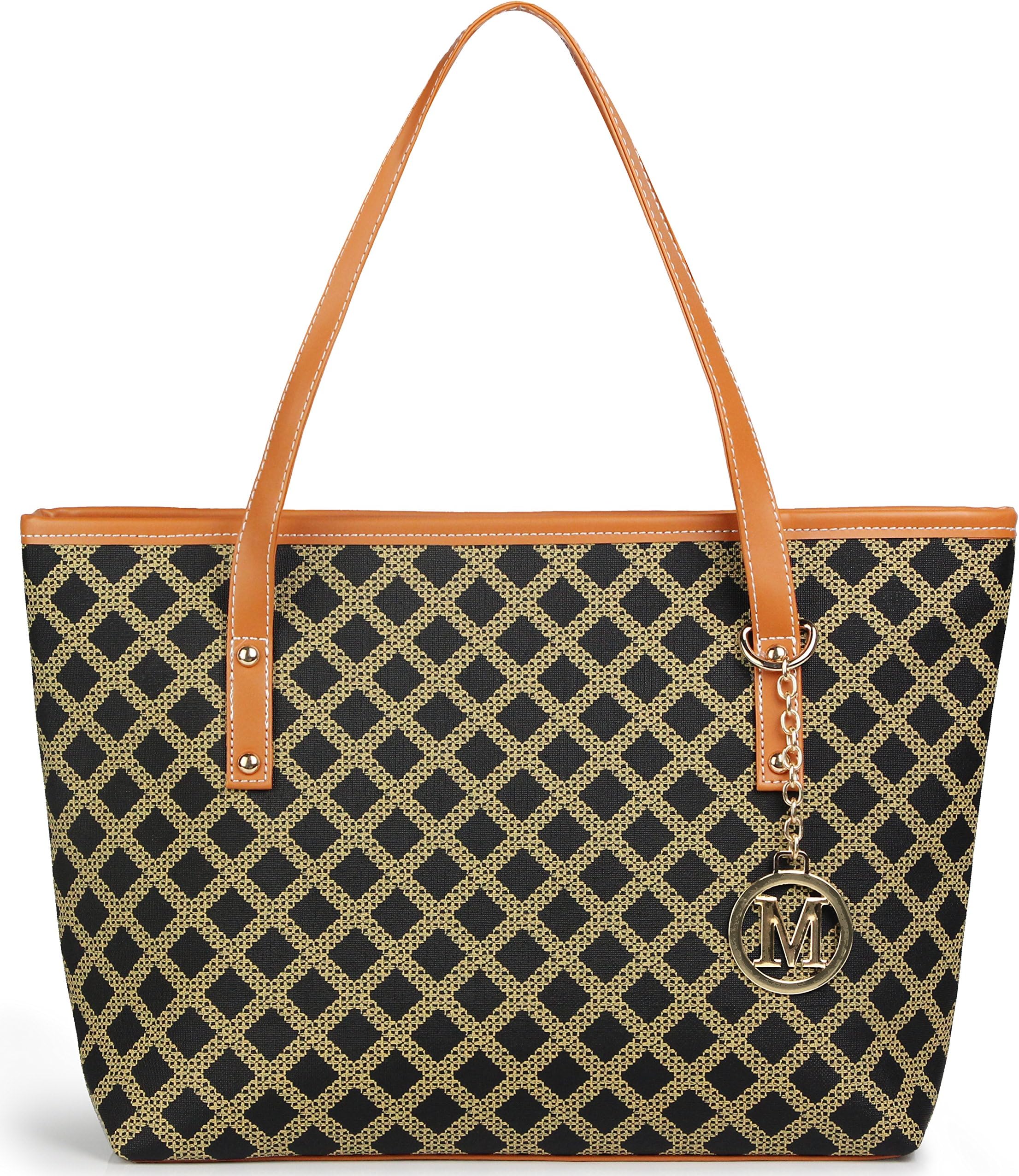 MICOM Casual Signature Printing Pu Leather Tote Shoulder Handbag with Metal Decoration for Women