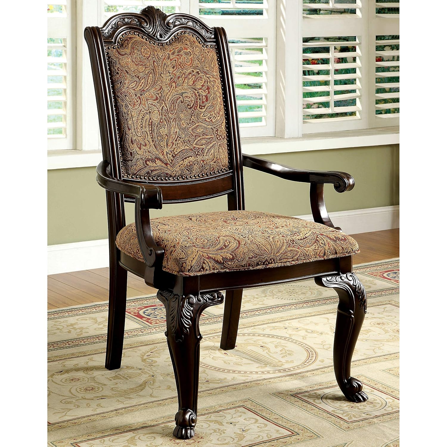 Traditional Brown Cherry Formal Arm Chairs (Set of 2) Vintage Upholstered Wood Finish