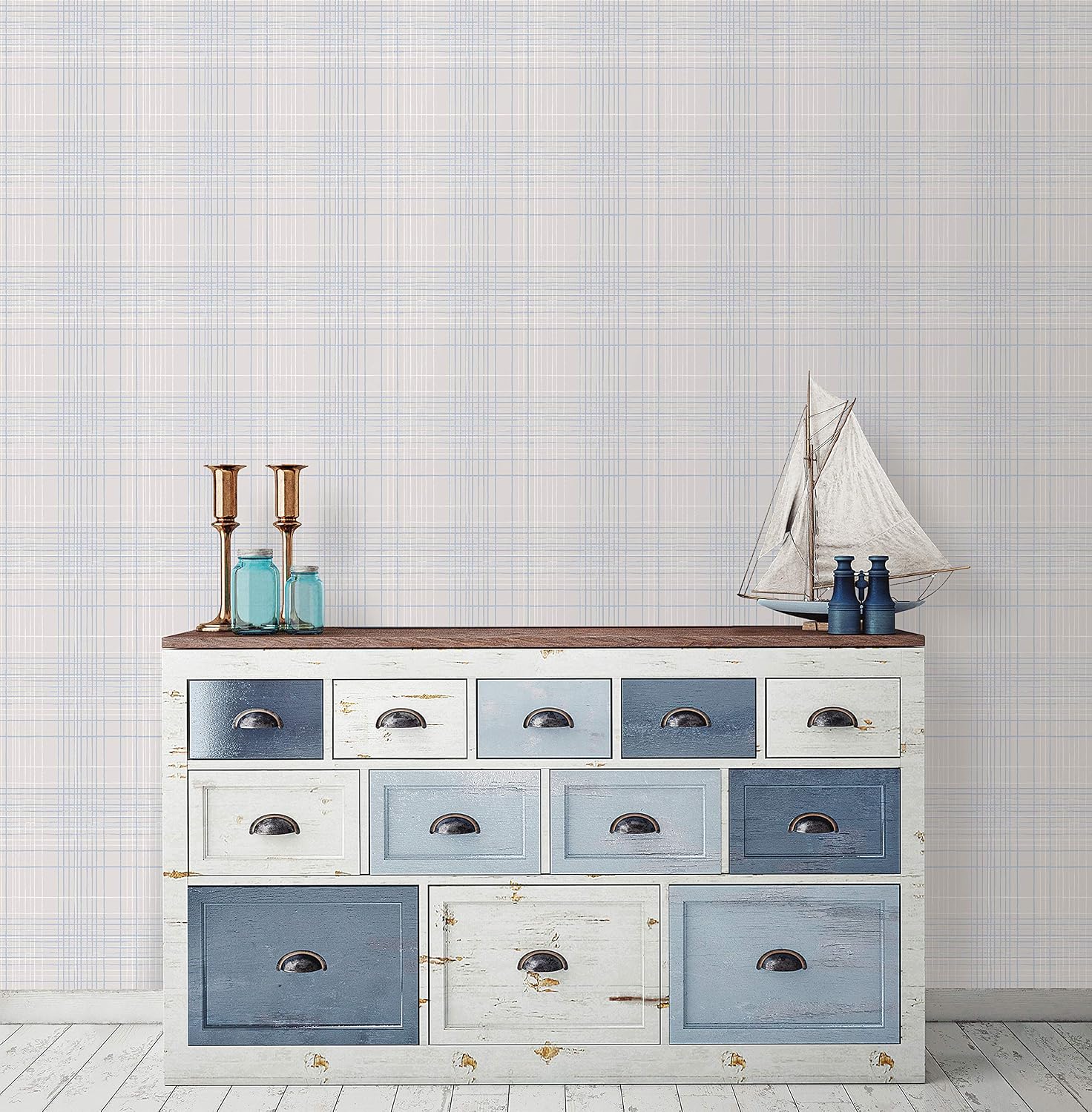 Galerie G23335 Deauville 2, Grid Design Wallpaper, Sky/Navy Blue, 10m x 53cm, Grey - Image 4